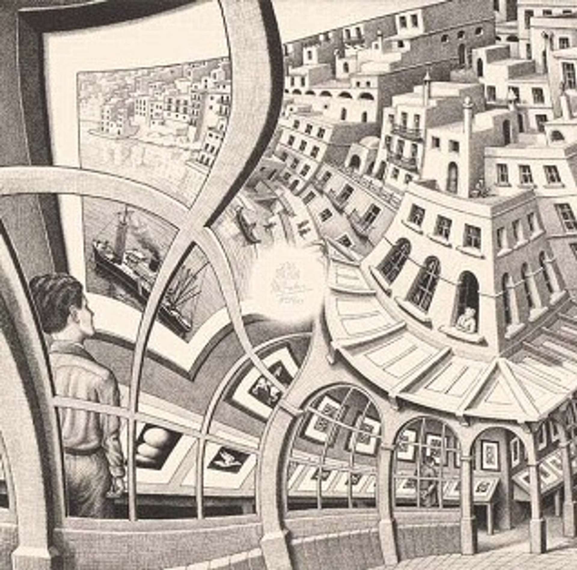 Print Gallery by M. C. Escher. The print shows a distorted perspective of a gallery with pictures hanging.