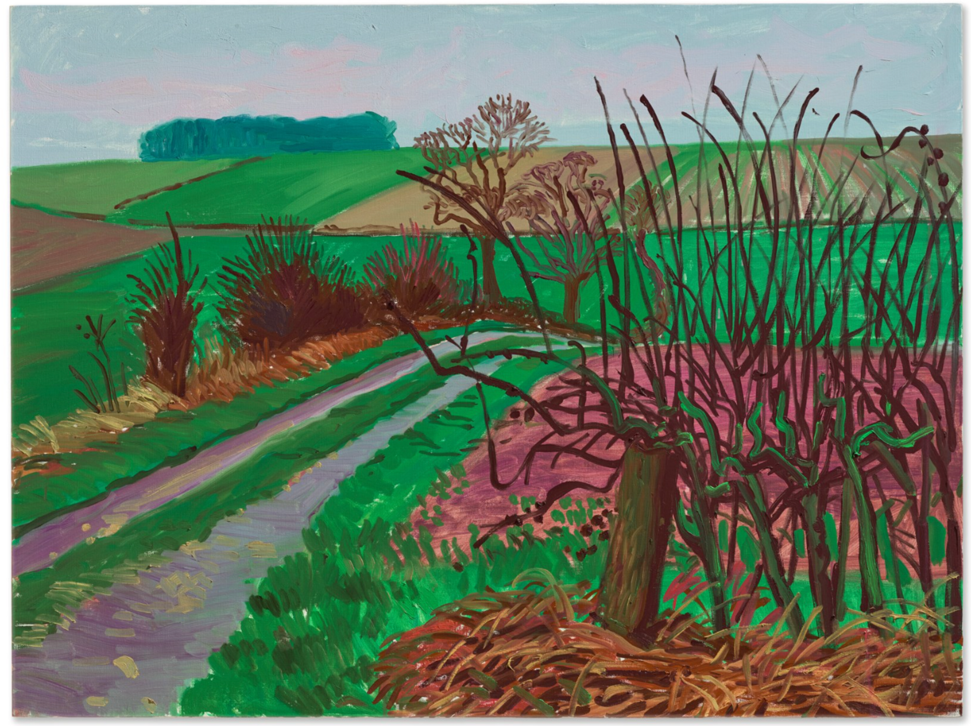 Track and Hedgerow, January a painting by David Hockney - Christie's 2023