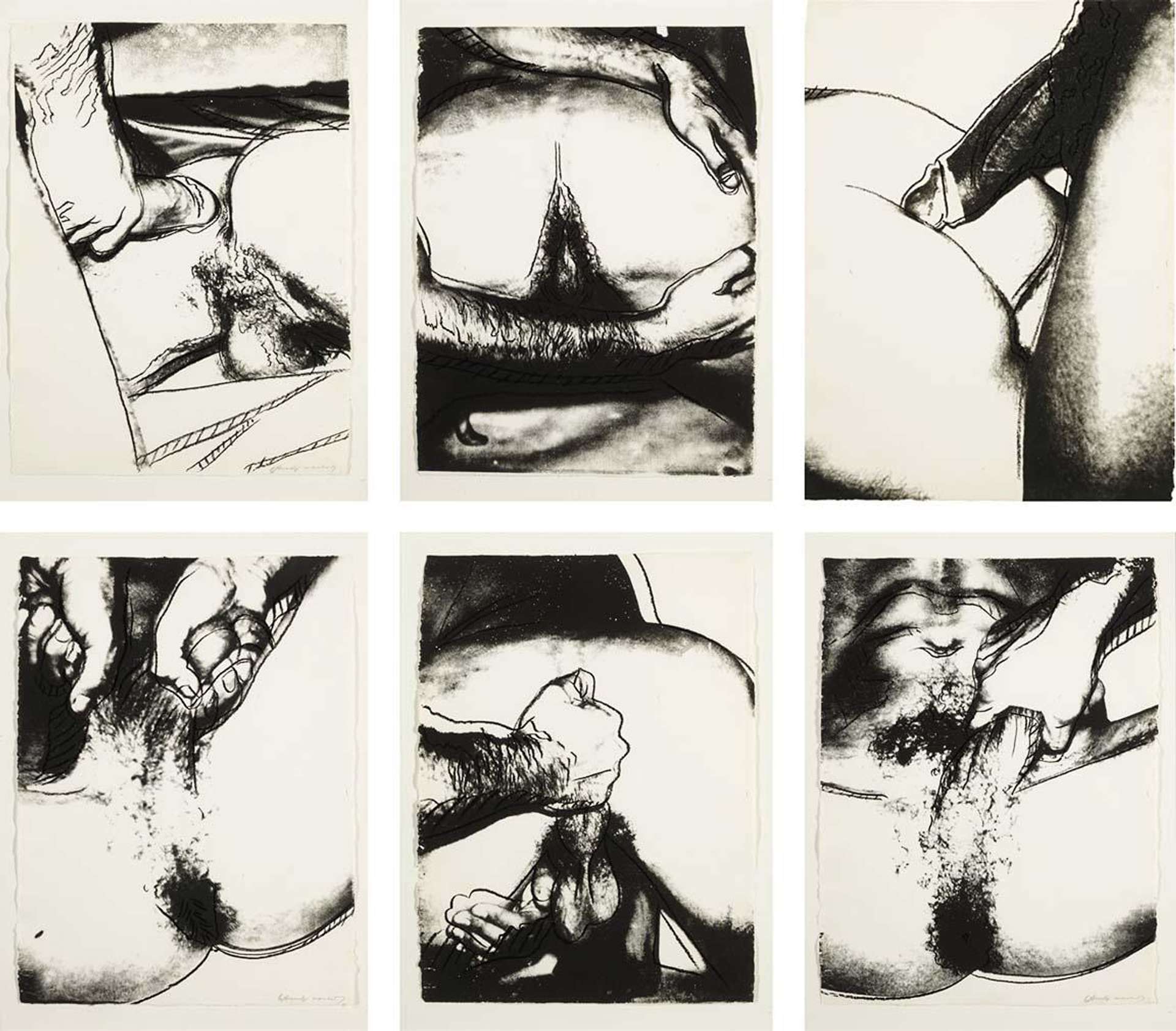 Sex Parts is Andy Warhol’s exploration of the male form. Sex Parts, alongside Torsos, is exceptionally explicit for Warhol, depicting abundant male genitalia, sex acts and bottoms.