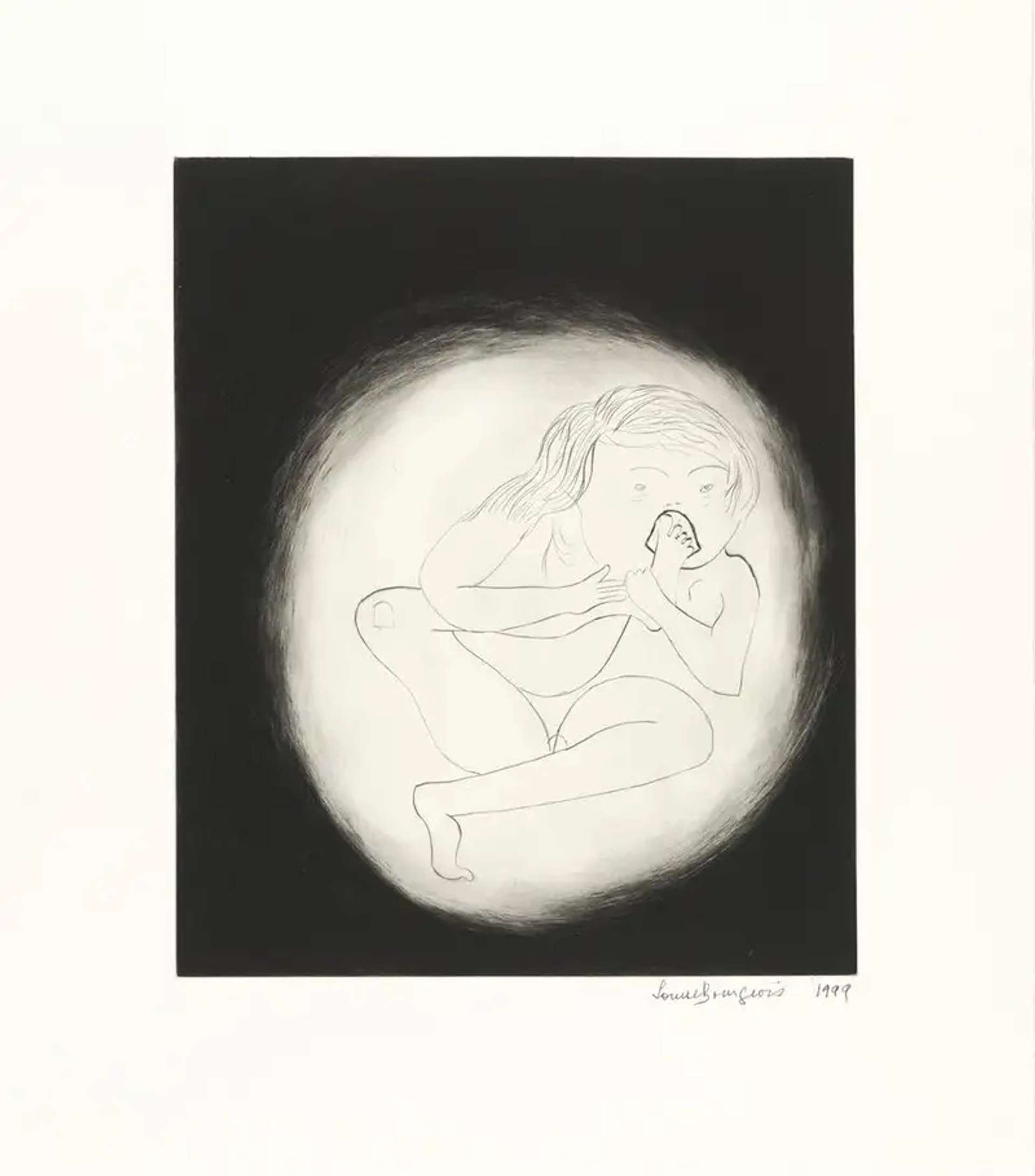  Louise Bourgeois’ Don’t Put Your Foot In Your Mouth. A drypoint of a woman in a dark corner putting her foot in her mouth.