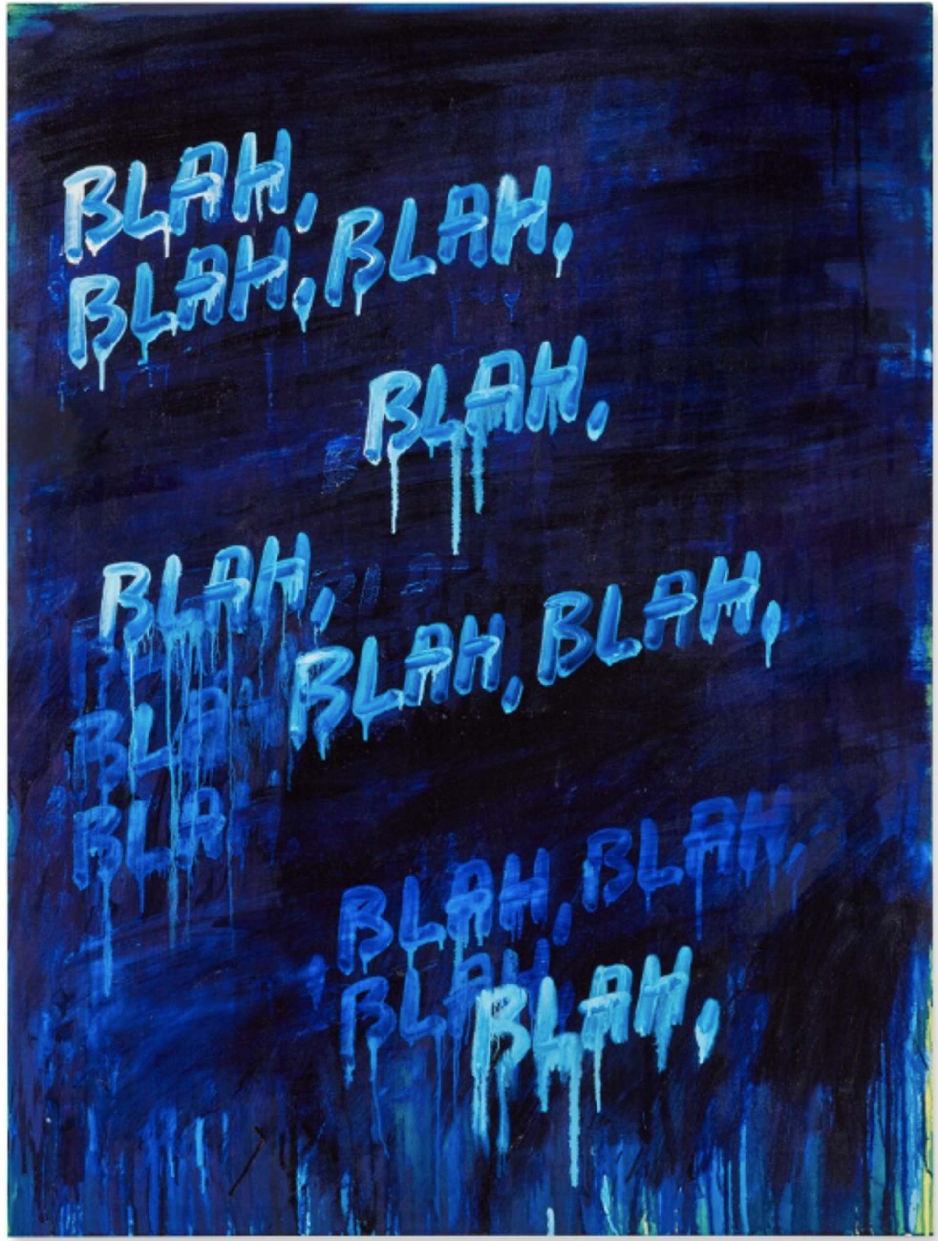 Two large canvases, exhibited in a white gallery, are positioned adjacent to each other. The words "Blah, Blah, Blah" are repeated vertically on each canvas. The letters are depicted in a variety of colours, contrasting against a lively and abstract backdrop with colourful splashes.