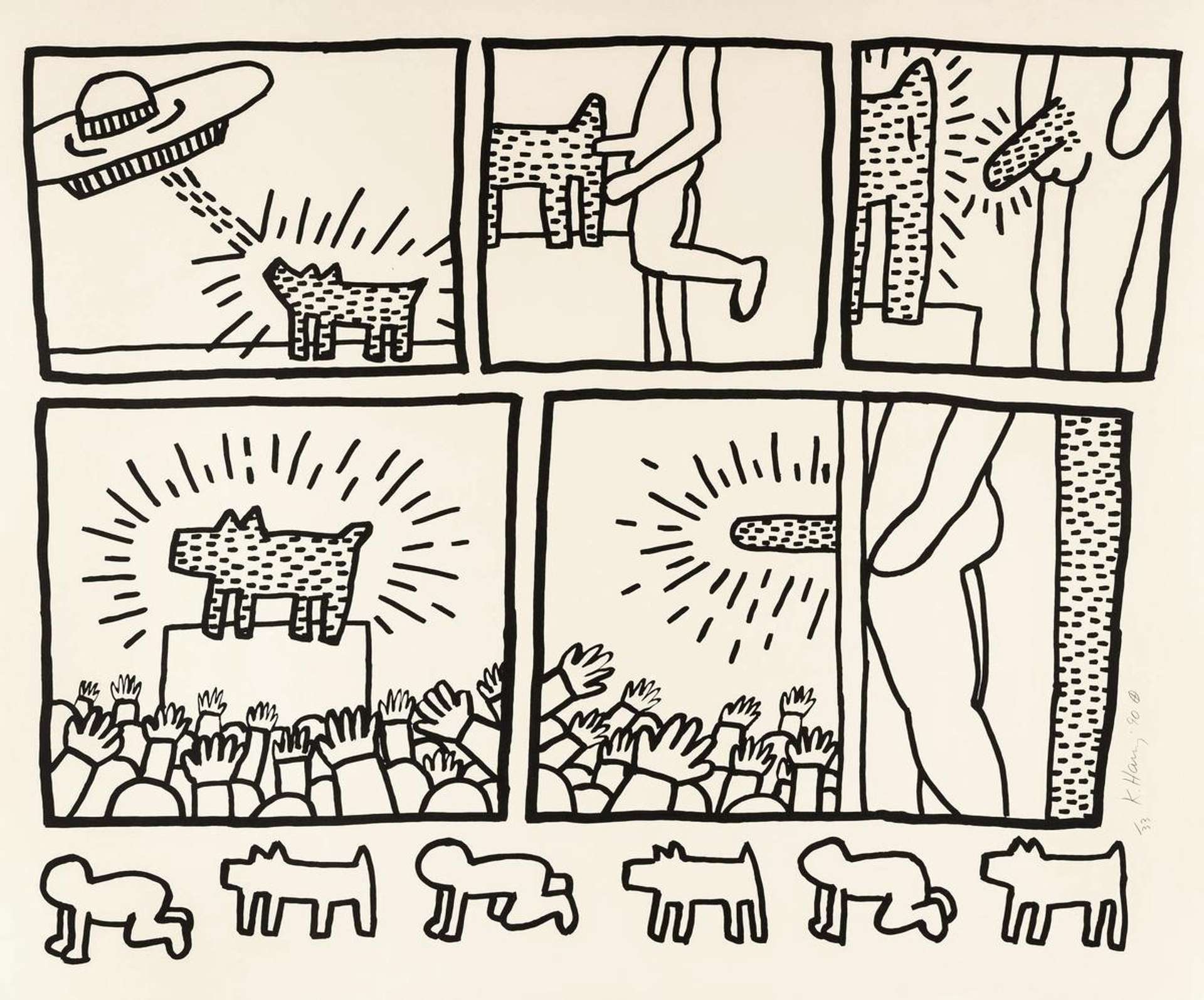 Keith Haring’s The Blueprint Drawings 13. A Pop Art screenprint of a black and white comic strip of various scenes including a nude male figure standing over a crowd.