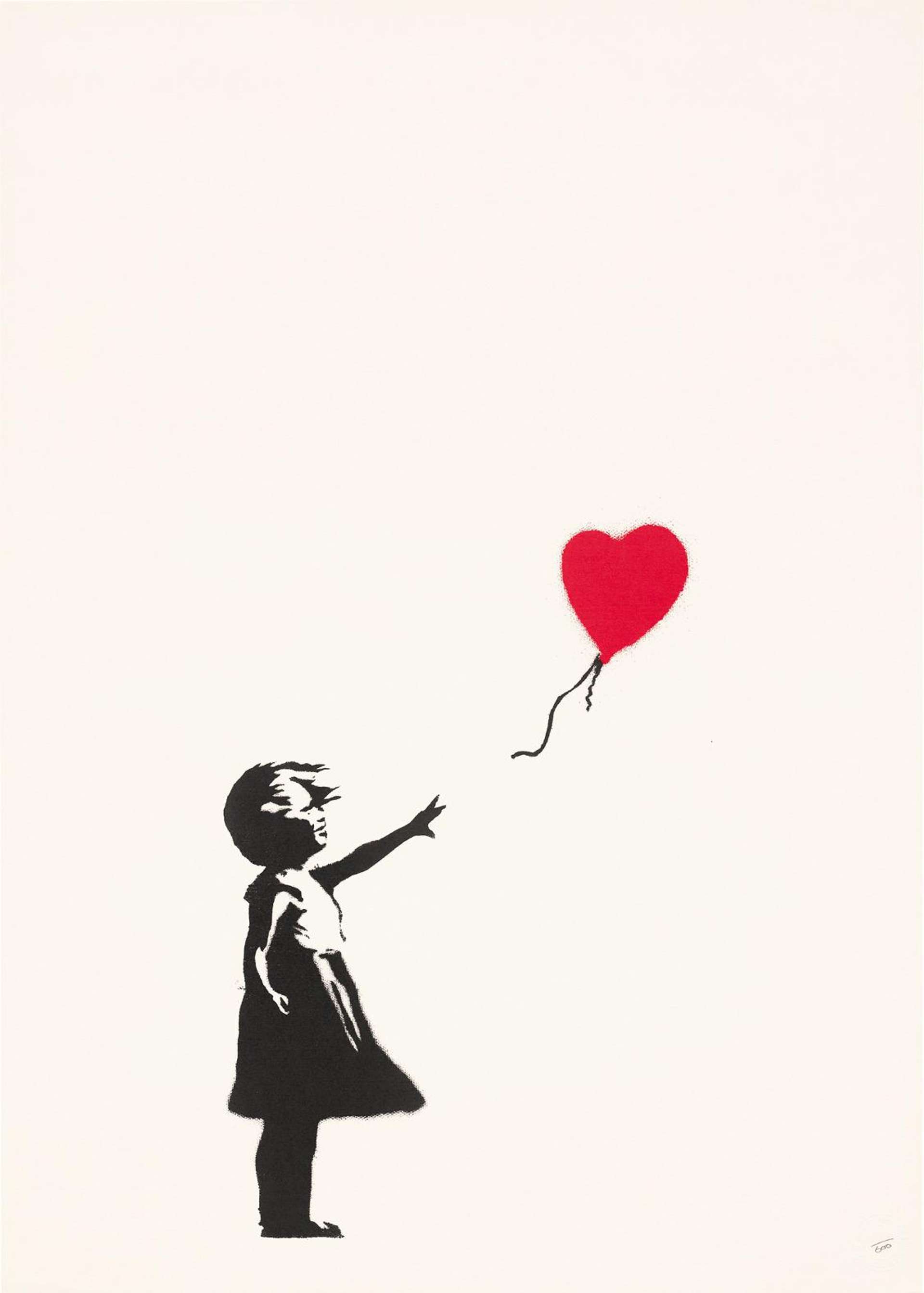 A screenprint by Banksy depicting a young girl reaching for a red heart-shaped balloon against a white background.