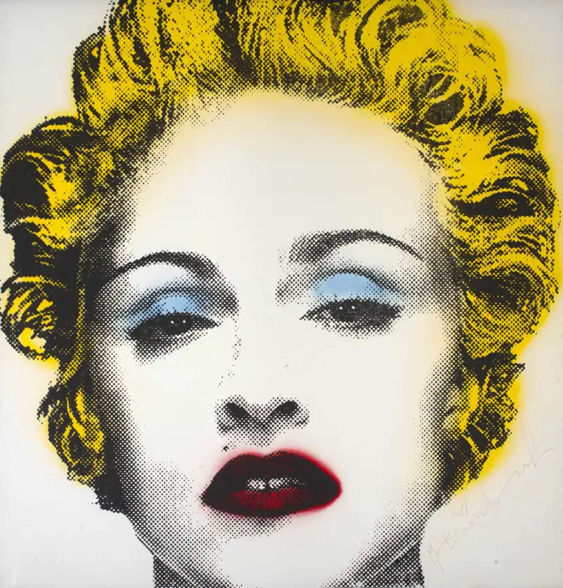 A vibrant screenprint portrait featuring the iconic singer Madonna, showcasing exaggerated yellow hair, blue eye shadow, and red lips. The artwork draws inspiration from Andy Warhol's famous celebrity portraits.