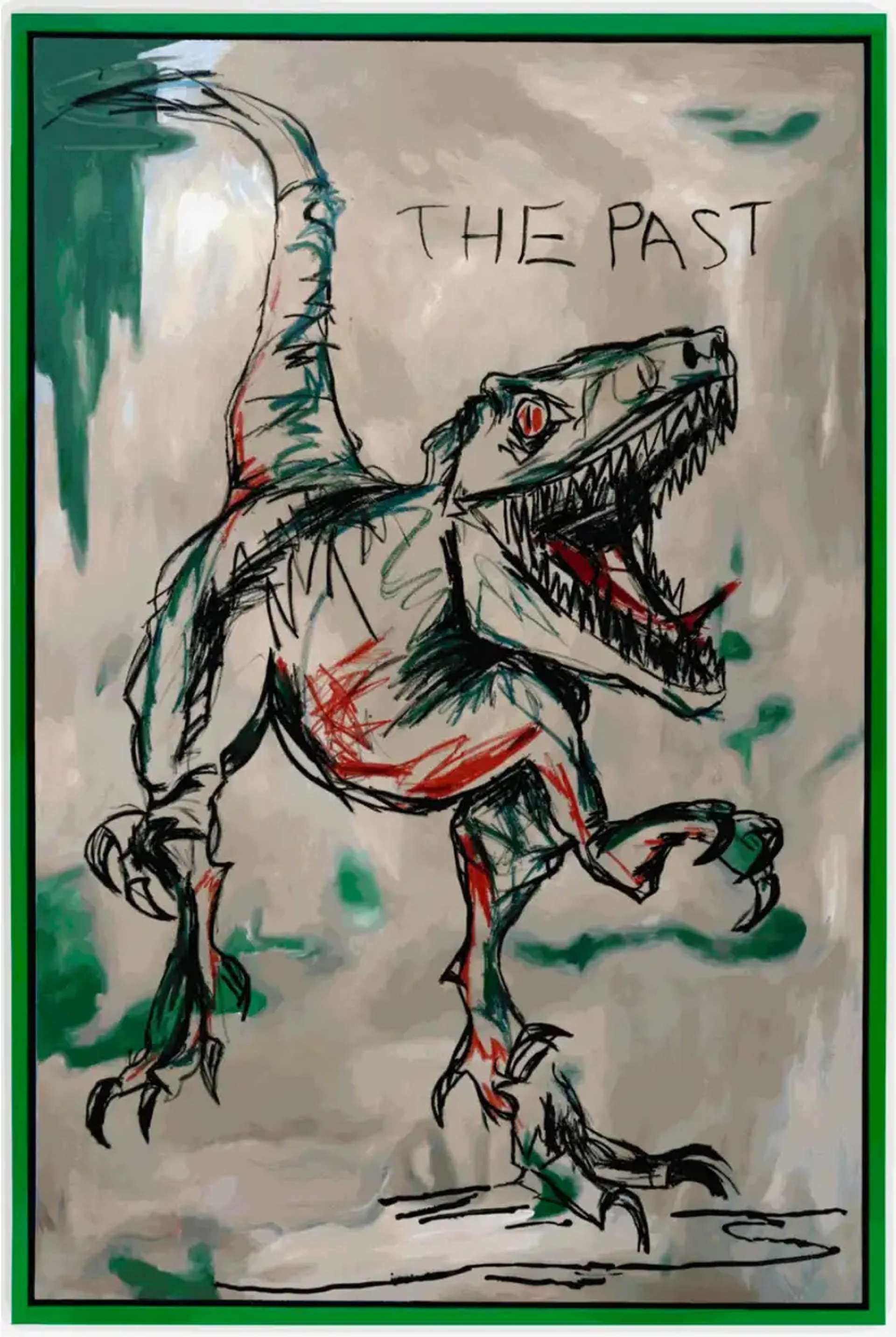 A drawn image of a T-Rex dinosaur seen from the front. The dinosaur's mouth is open, revealing its sharp teeth, and its tongue is hanging out. The dinosaur is depicted in black, with washed green and orange colors overlaid on the artwork. Above the dinosaur, the words "THE PAST" are written.
