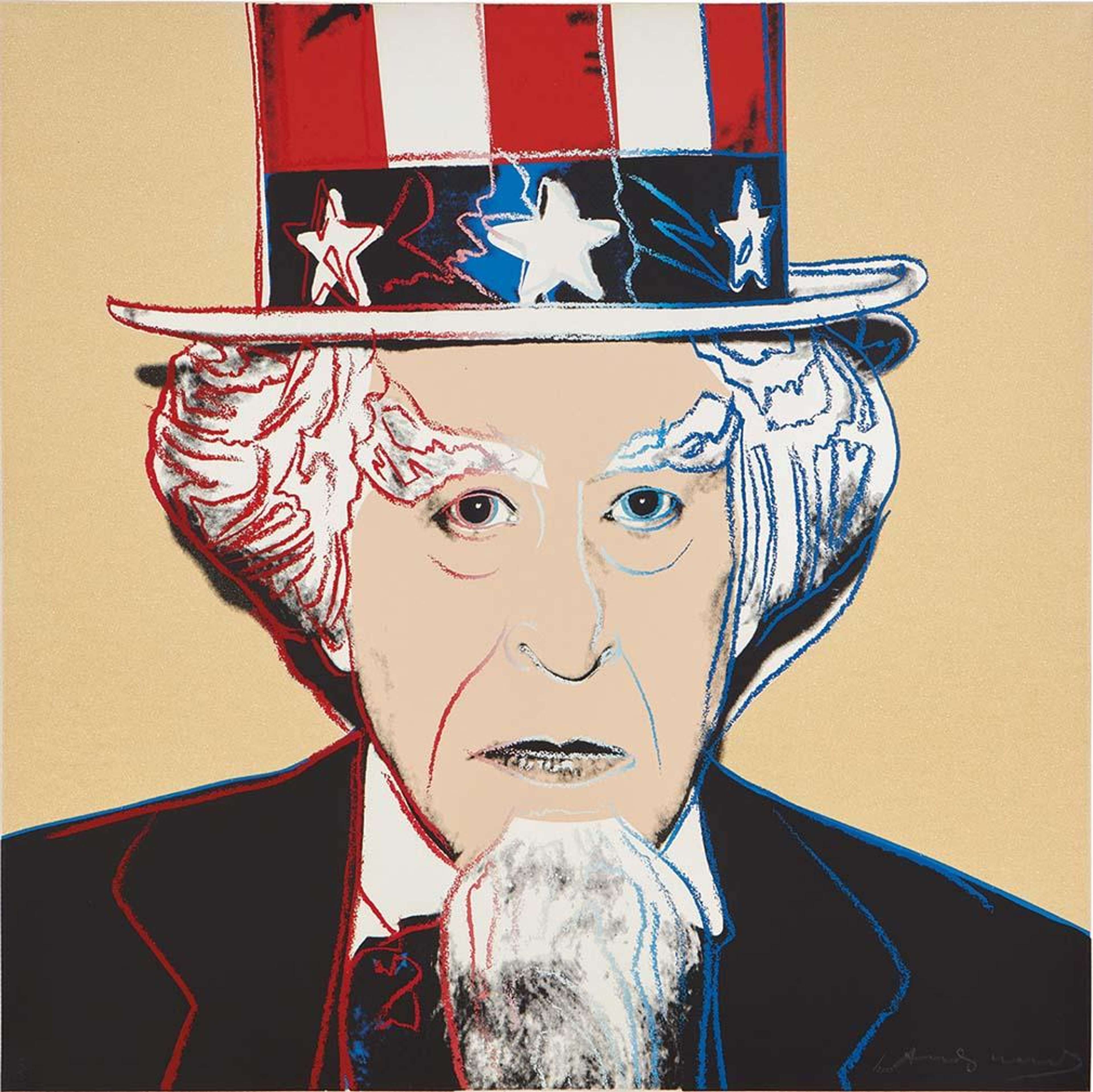 This print shows a portrait of Uncle Sam, a fictional figure who was created to represent the US government. Against a pale yellow backdrop, Uncle Sam is rendered in Warhol’s characteristic visual style with bright red and blue gestural lines delineating the icon’s facial features.