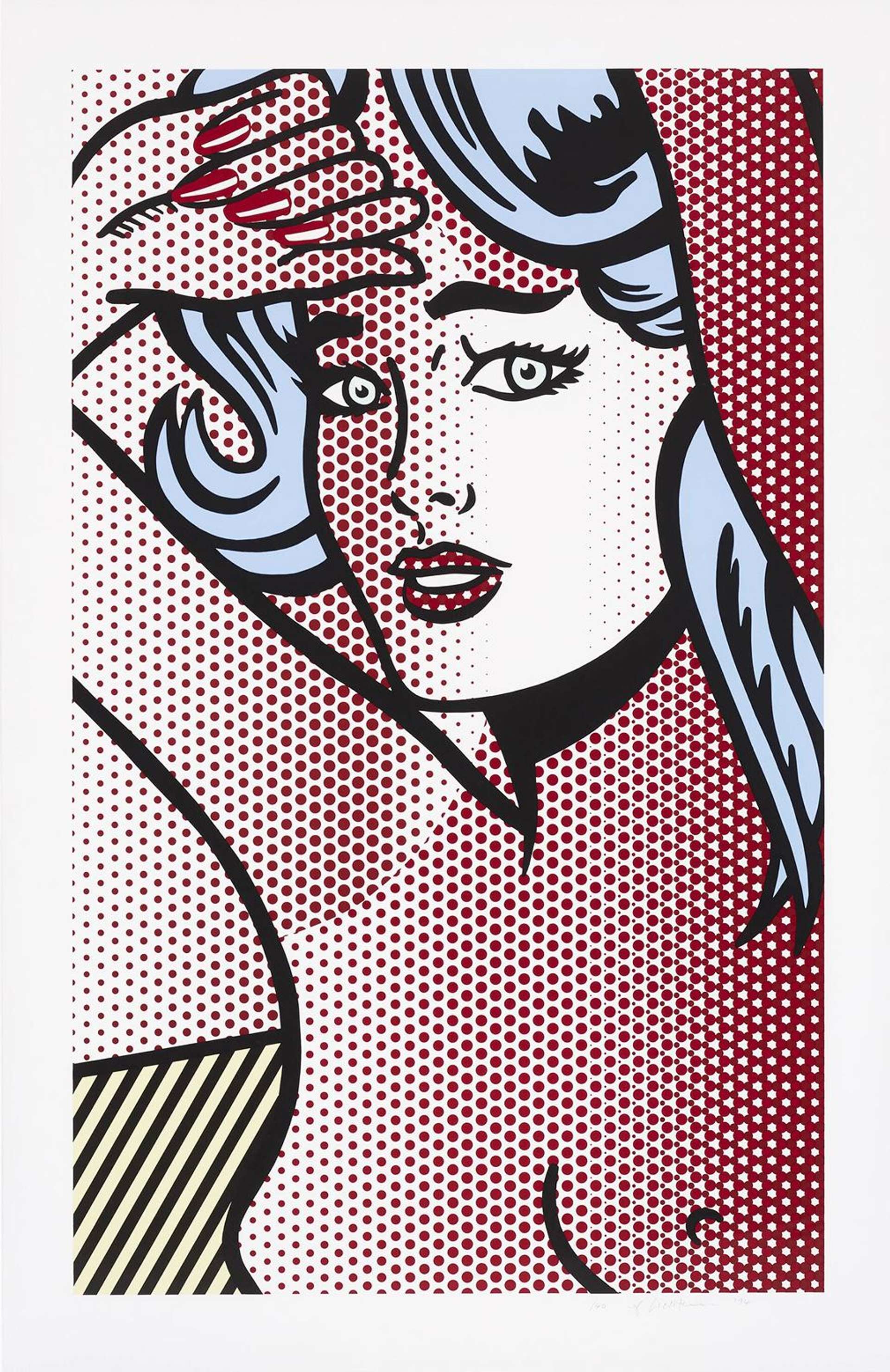 A screenprint by Roy Lichtenstein depicting a nude woman with blue hair, her hair delineated with red Ben-Day dots.