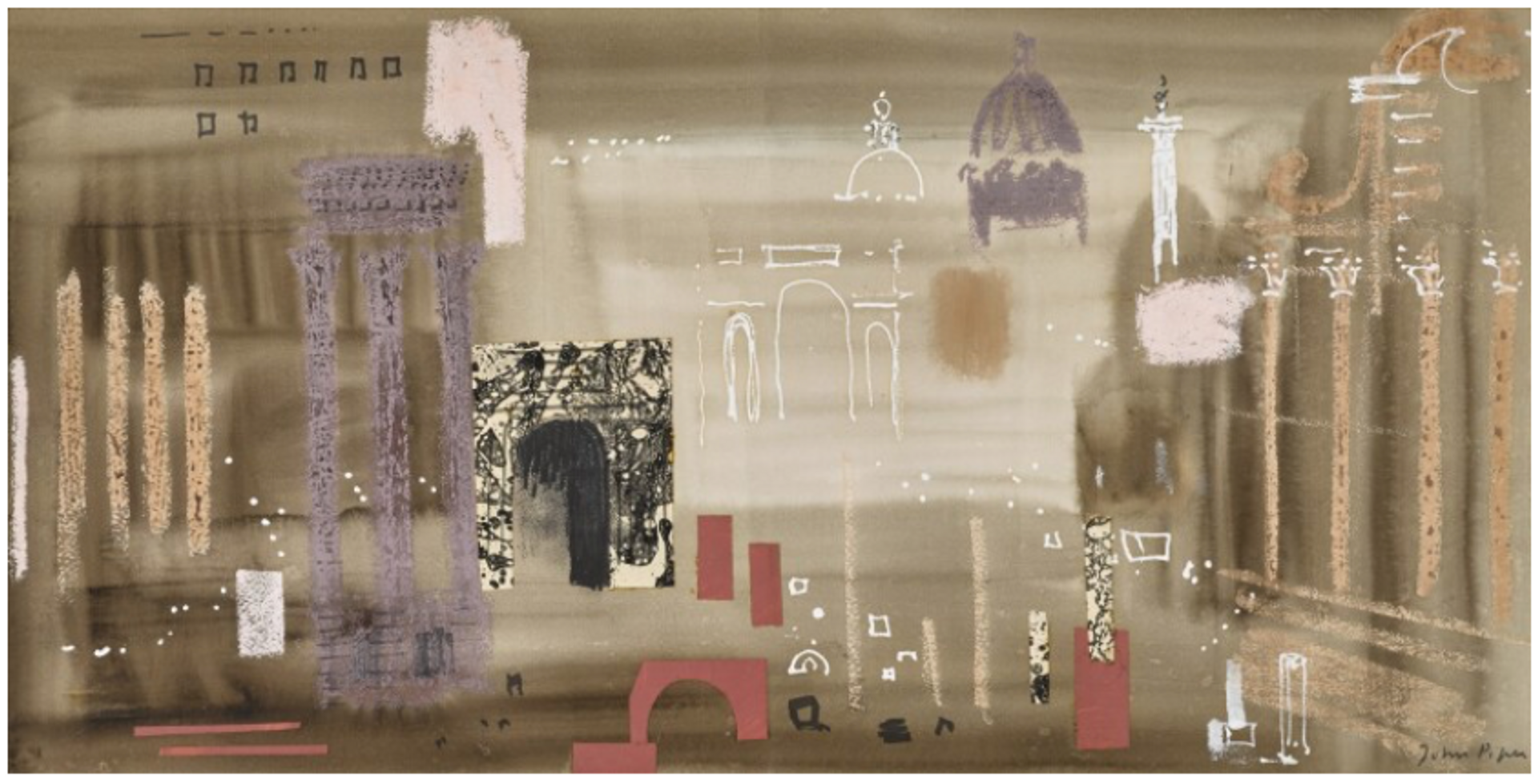 Large-scale collaged painting depicting the photographic shadow of the central city-center of Rome. Abstracted markings of famous cathedral architecture in yellow, purple, and red add identifiable elements to the composition.