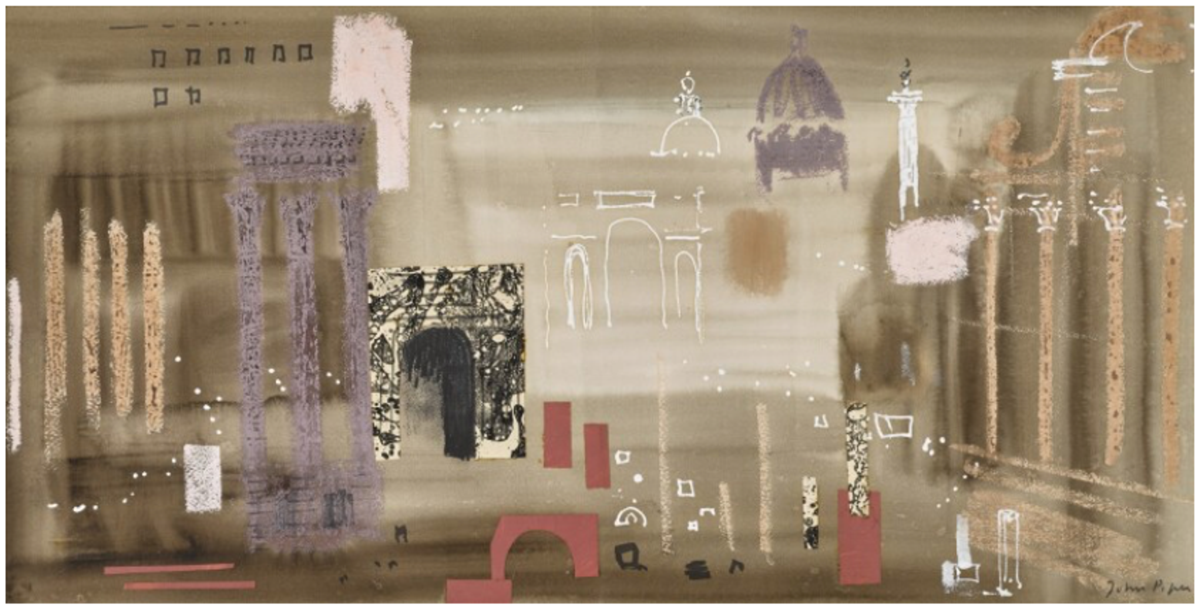 Large-scale collaged painting depicting the photographic shadow of the central city-center of Rome. Abstracted markings of famous cathedral architecture in yellow, purple, and red add identifiable elements to the composition.