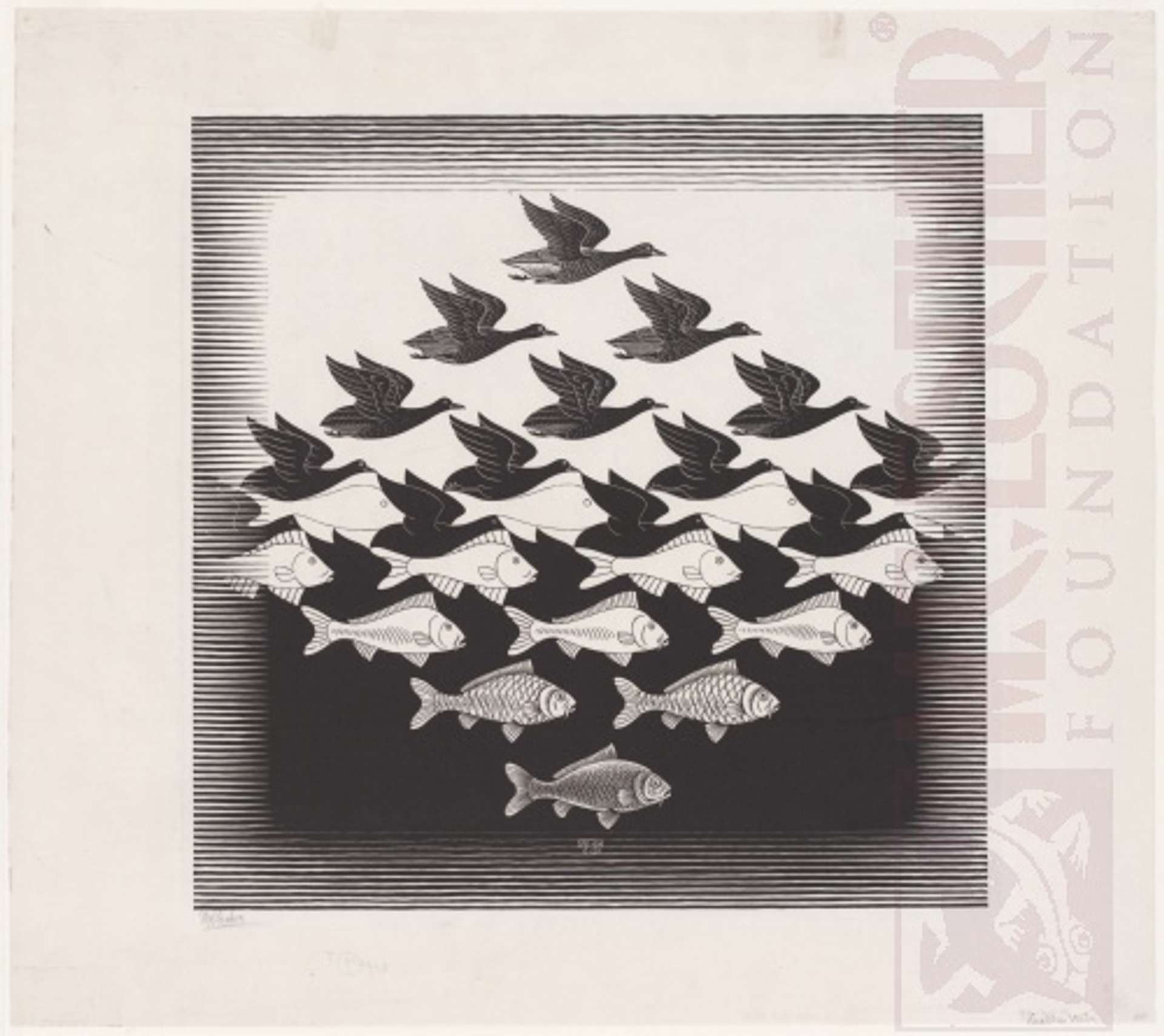 Sky and Water by M. C. Escher. The print shows tesselated fish and birds.