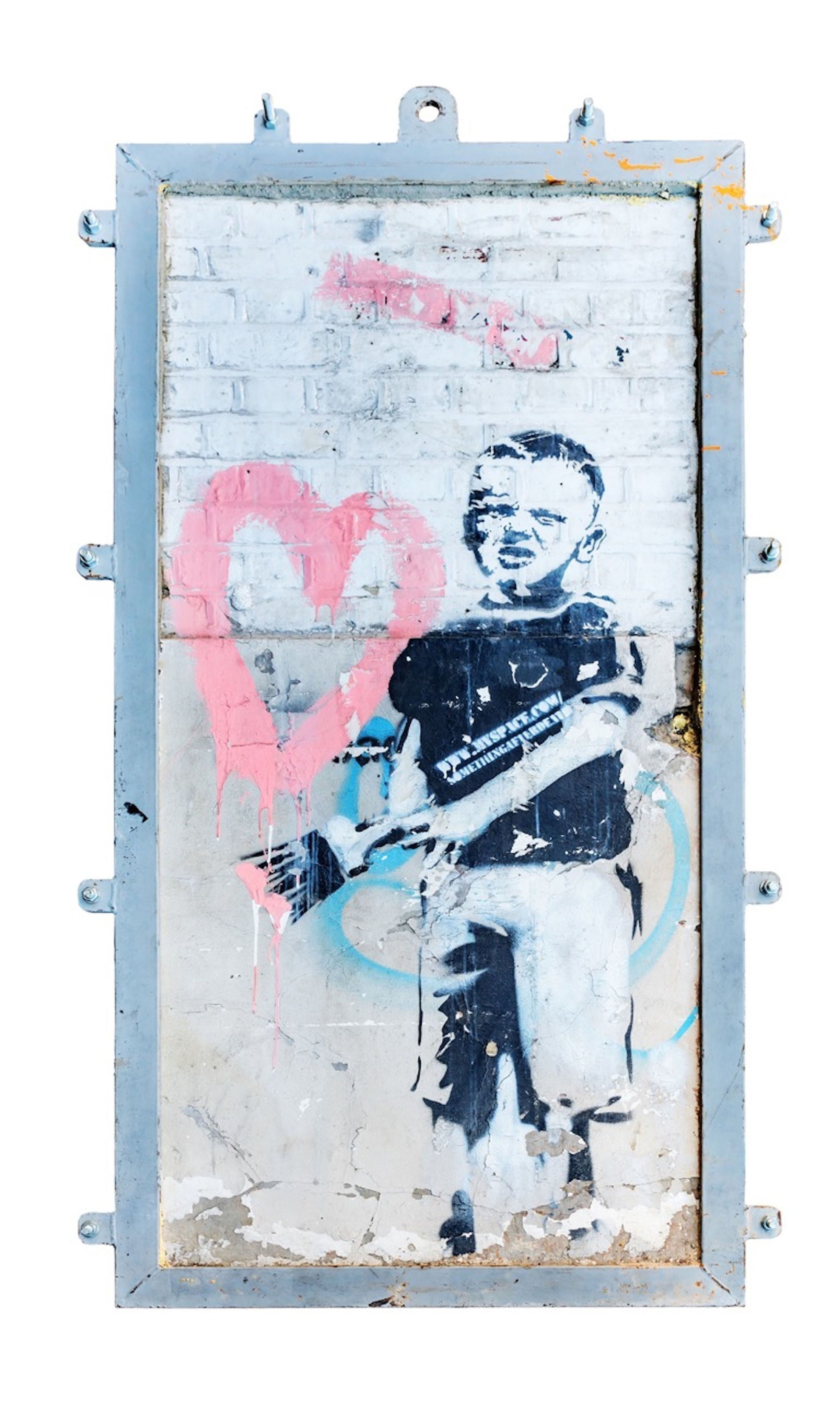 Banksy's Heart Boy. A spray paint work of a boy holding a paint brush with a painted pink heart behind him.