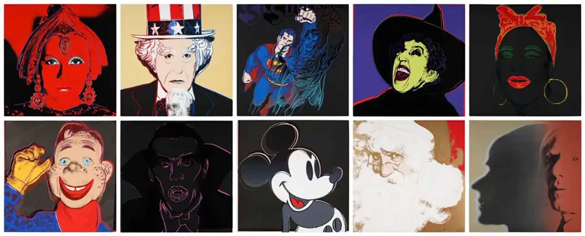 A collage of all of Warhol's works in the myth series, including depictions of Uncle Sam, Mickey Mouse, Dracula, Santa Claus and Warhol himself.