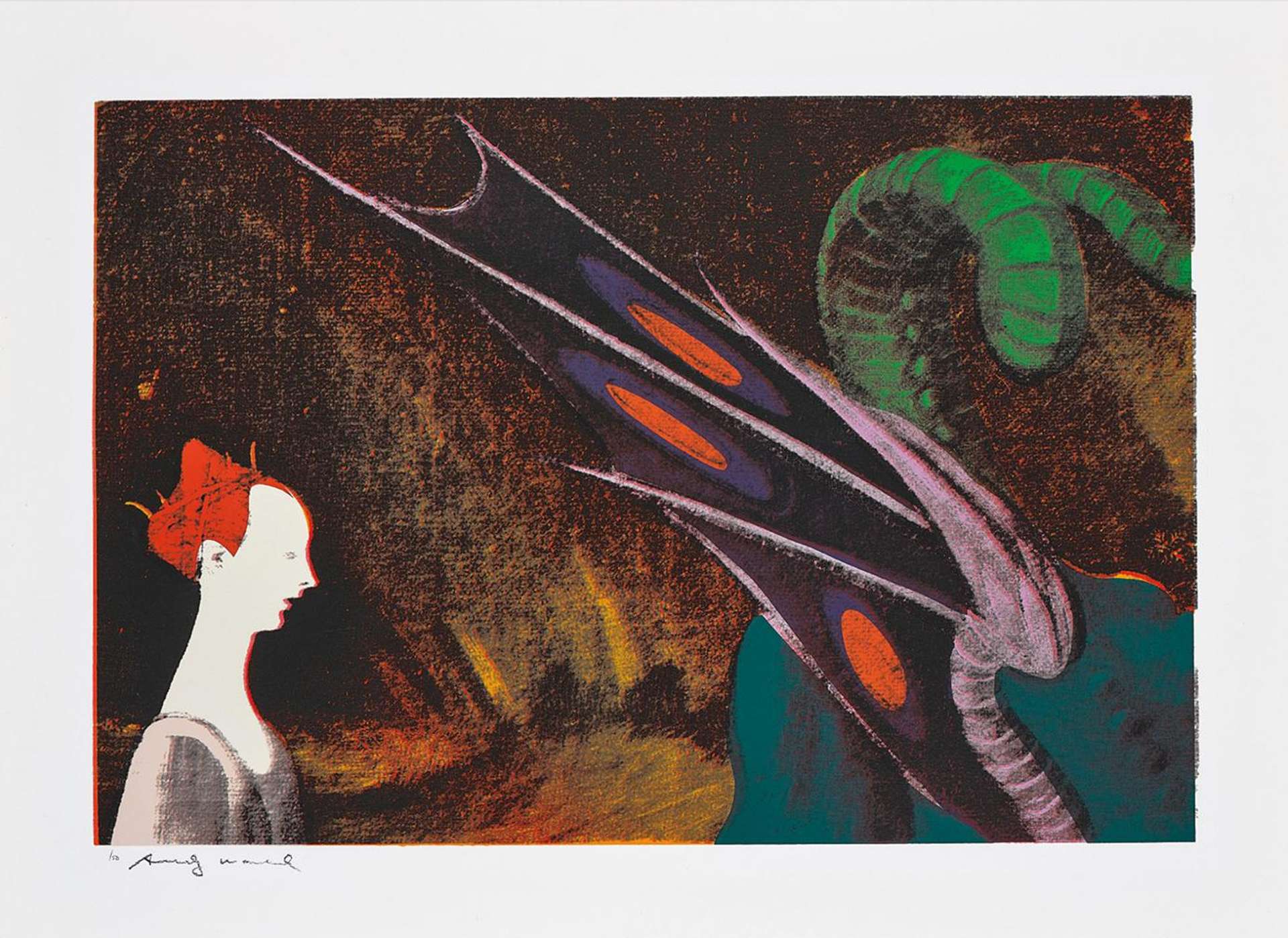 Warhol’s translation of the image by Uccello has a tightly cropped composition focusing on the dragon’s spiky, spotted wings, corkscrew tail and the princess flattened against the picture plane.
