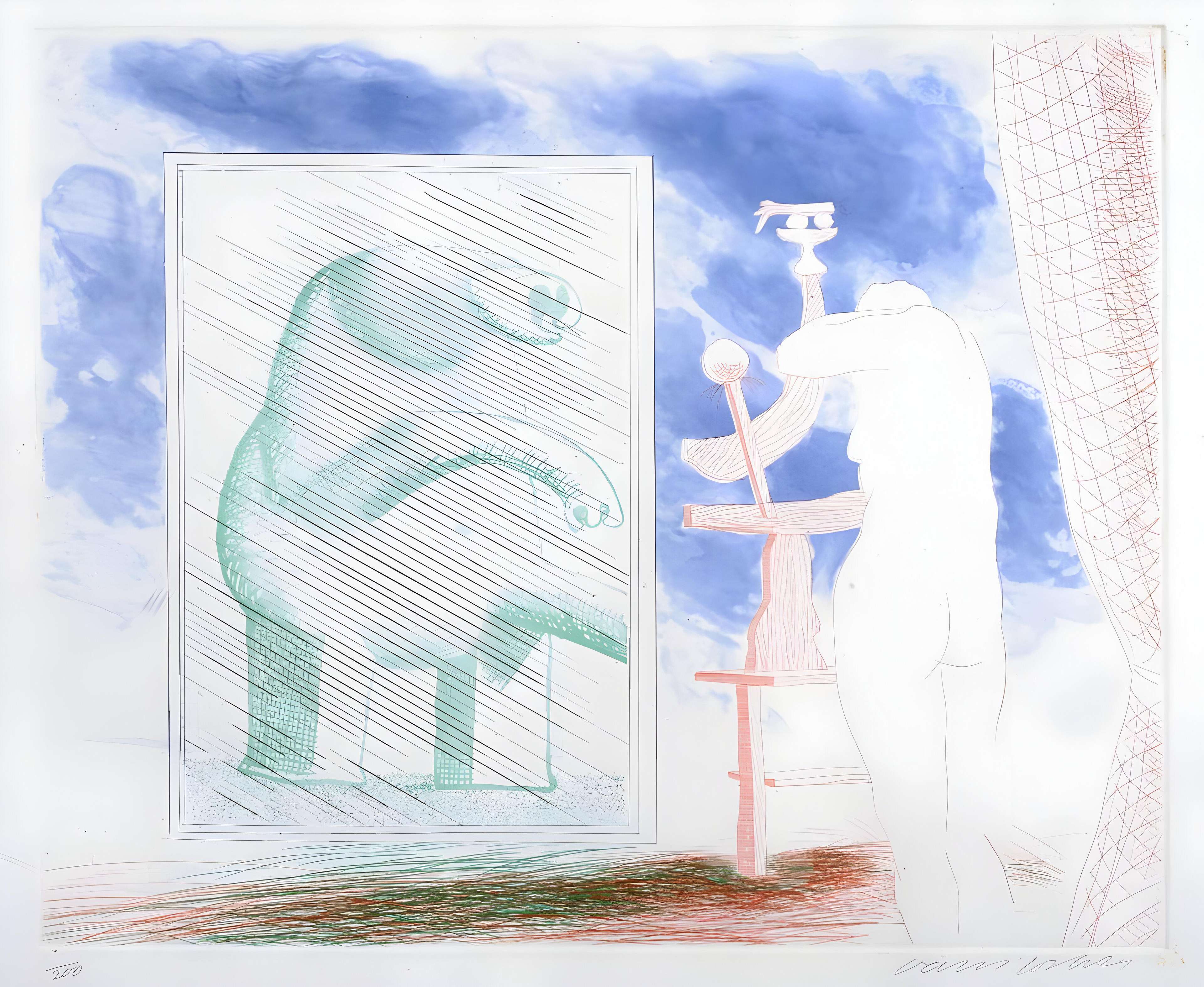 David Hockney’s A Picture Of Ourselves. An etching of a woman behind a curtain looking into a mirror with a green animal that resembles an elephant.