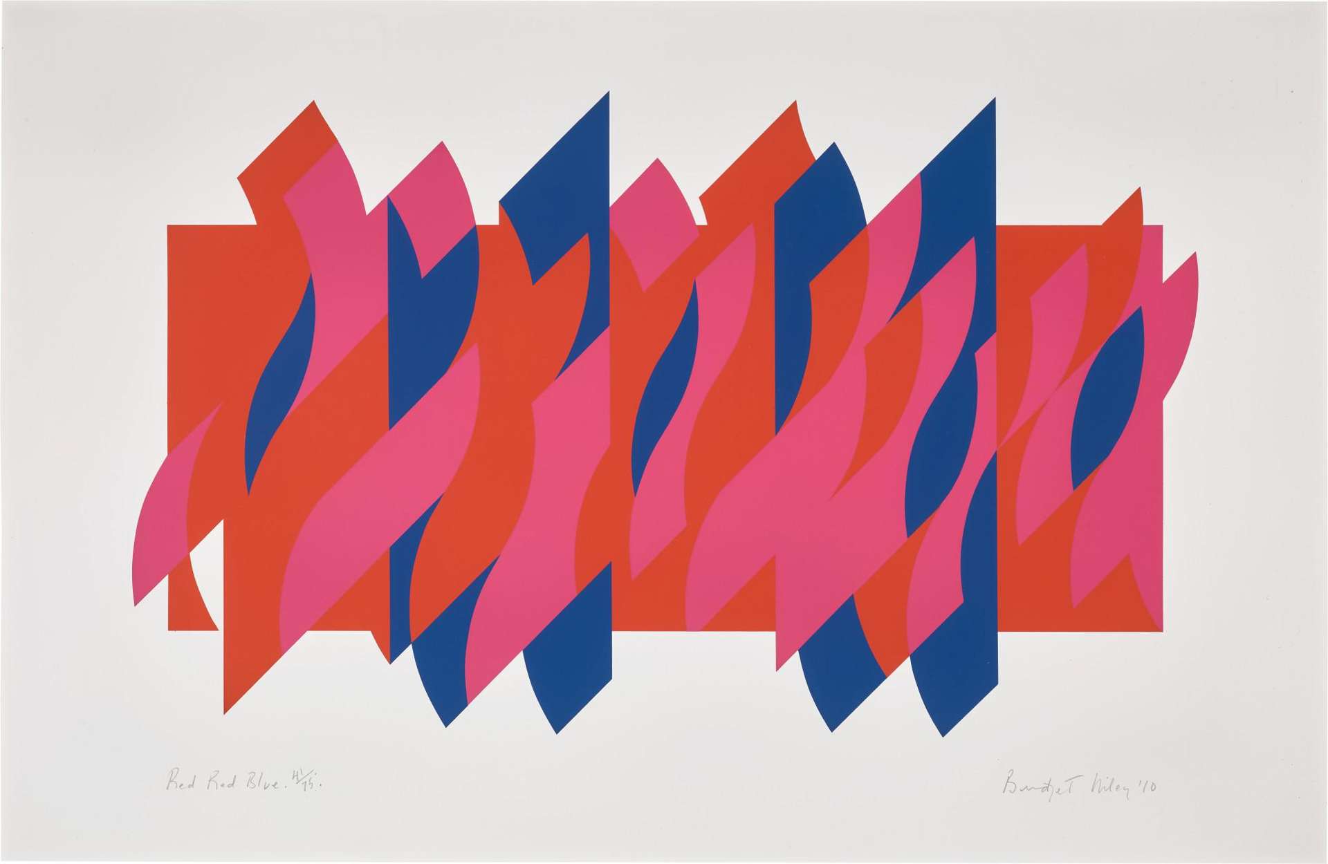 Bridget Riley’s Red Red Blue. An Op Art screenprint of combined blue, red, and pink geometric shapes in front of a red rectangle against a white background.