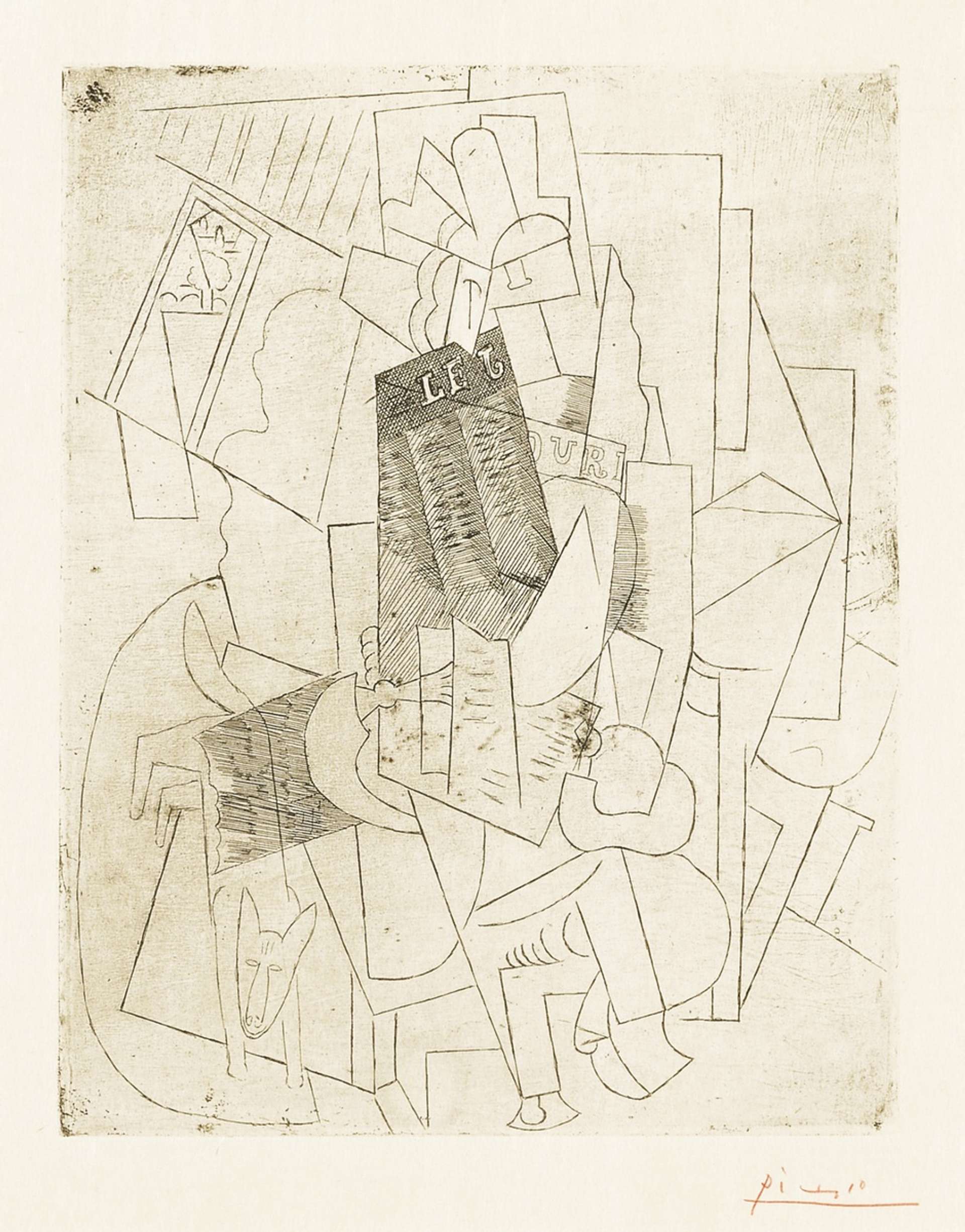 An image of the artwork L'Homme Au Chien by Pablo Picasso. It shows an abstracted man reading the newspaper, with a dog sitting at his feet. The work is mostly done in fine line, and the colour palette is monochromatic.