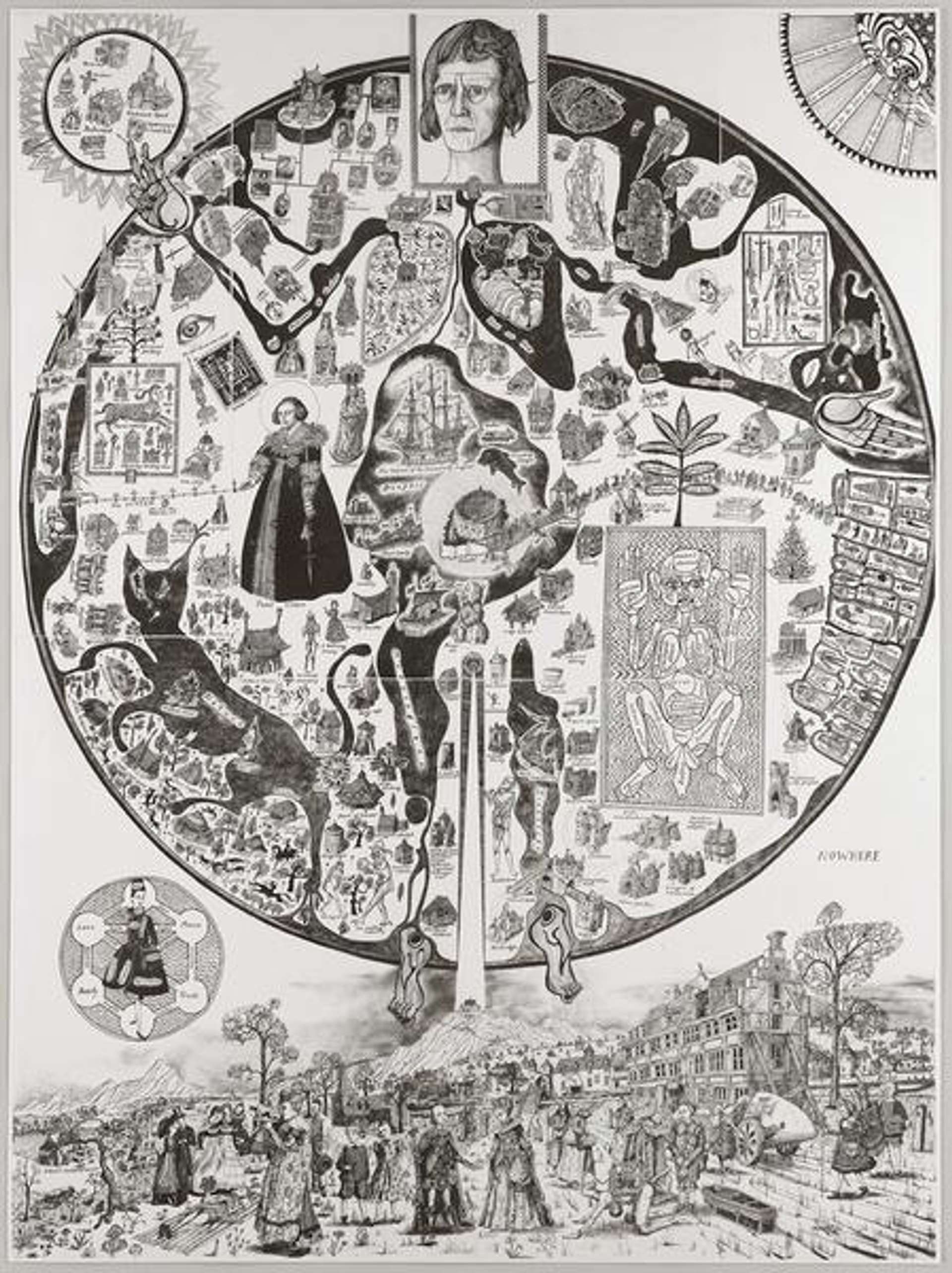 A vertical etching by Grayson Perry depicting a rich and complex map, inspired by the traditional cartographies