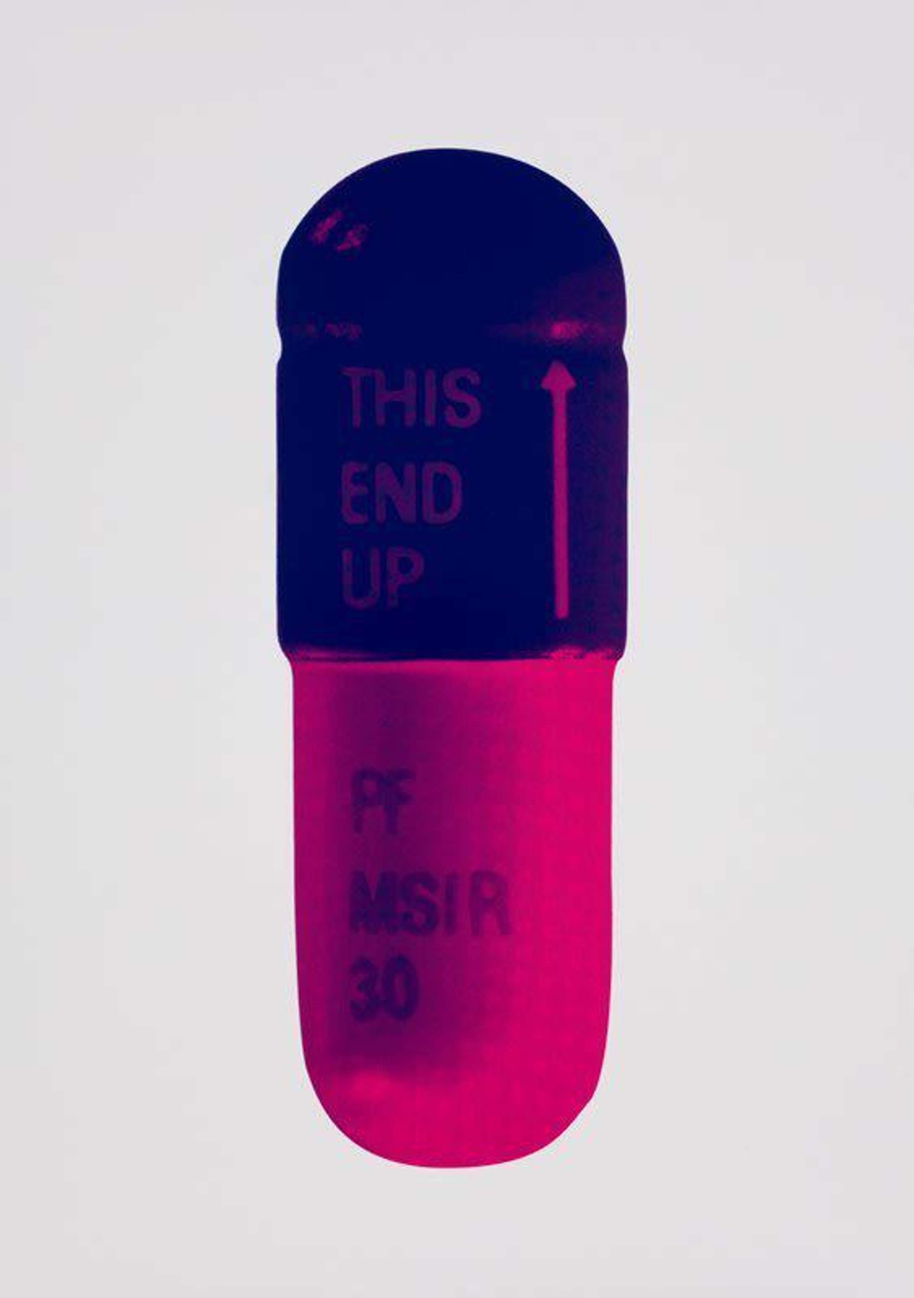 Damien Hirst’s The Cure (ice pink, mauve, raspberry).  A screenprint of a pink and purple pharmaceutical pill against a grey background. 