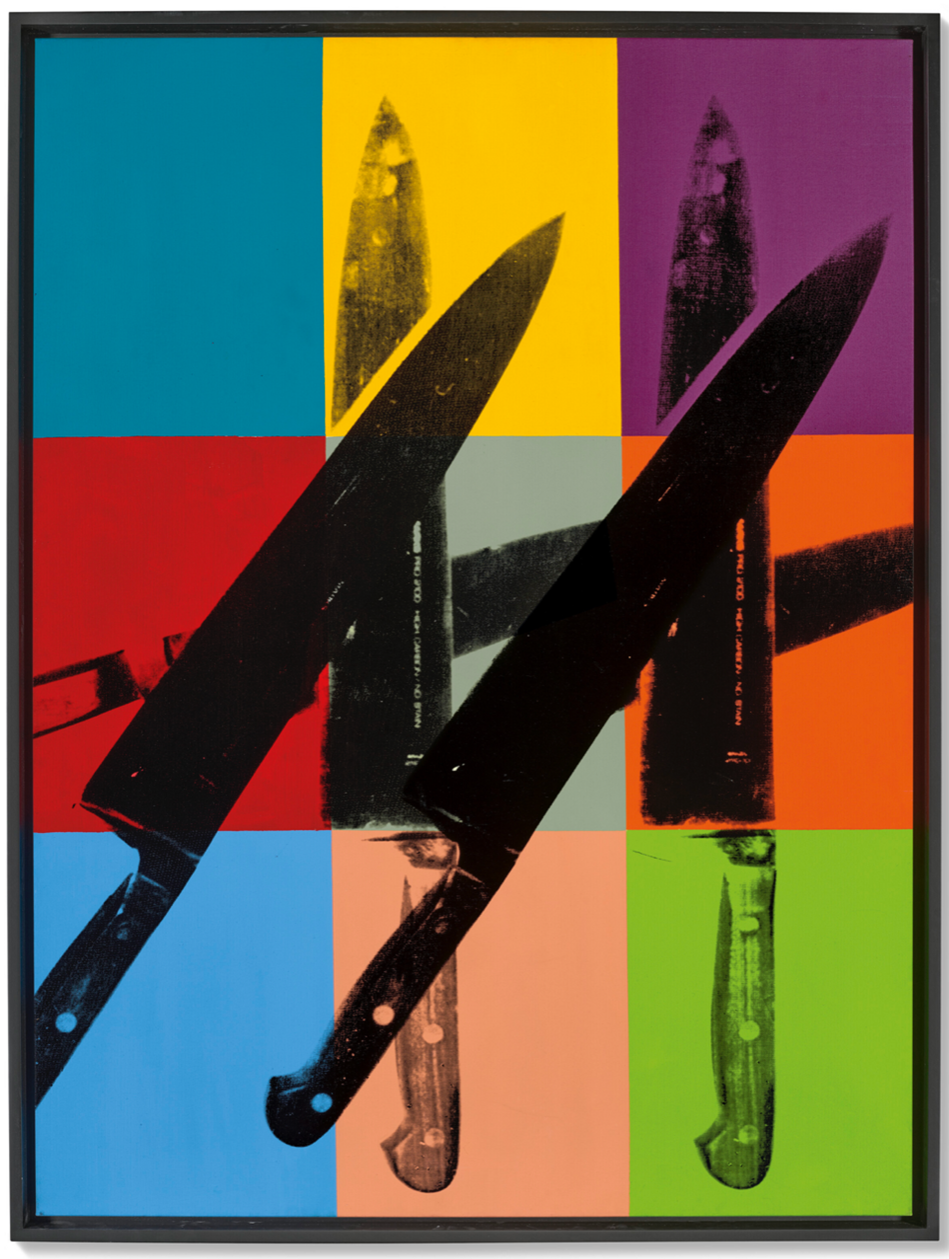 A screenprint by Andy Warhol in bold block colours depicting six knives against a checkerboard background.