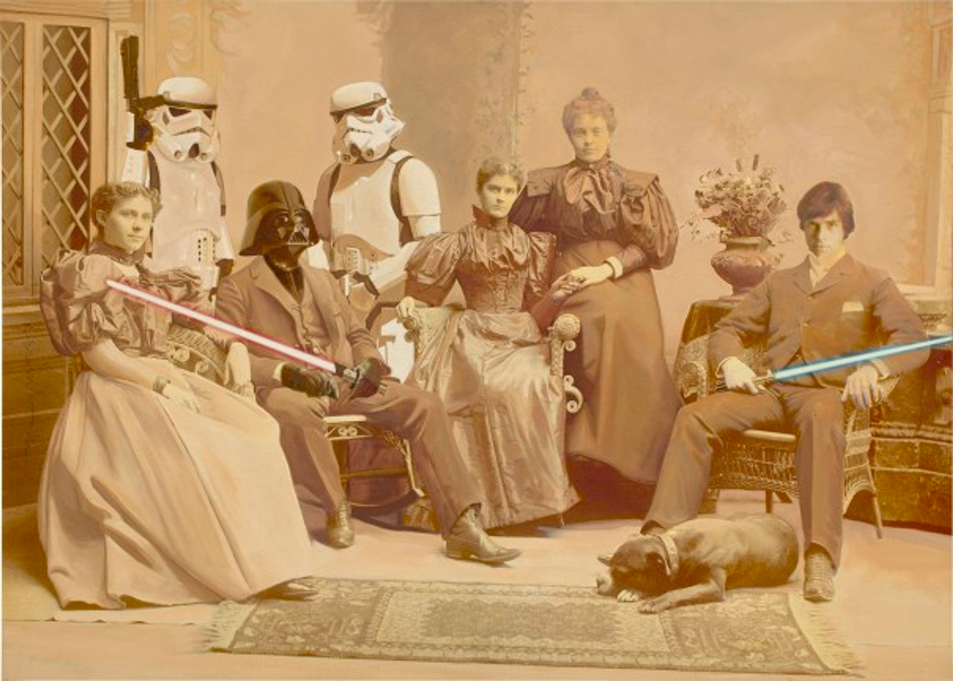 A screenprint artwork featuring Star Wars characters positioned similarly to Diego Velasquez's renowned painting "Las Meninas." The characters are superimposed on the canvas, creating an intriguing visual juxtaposition.