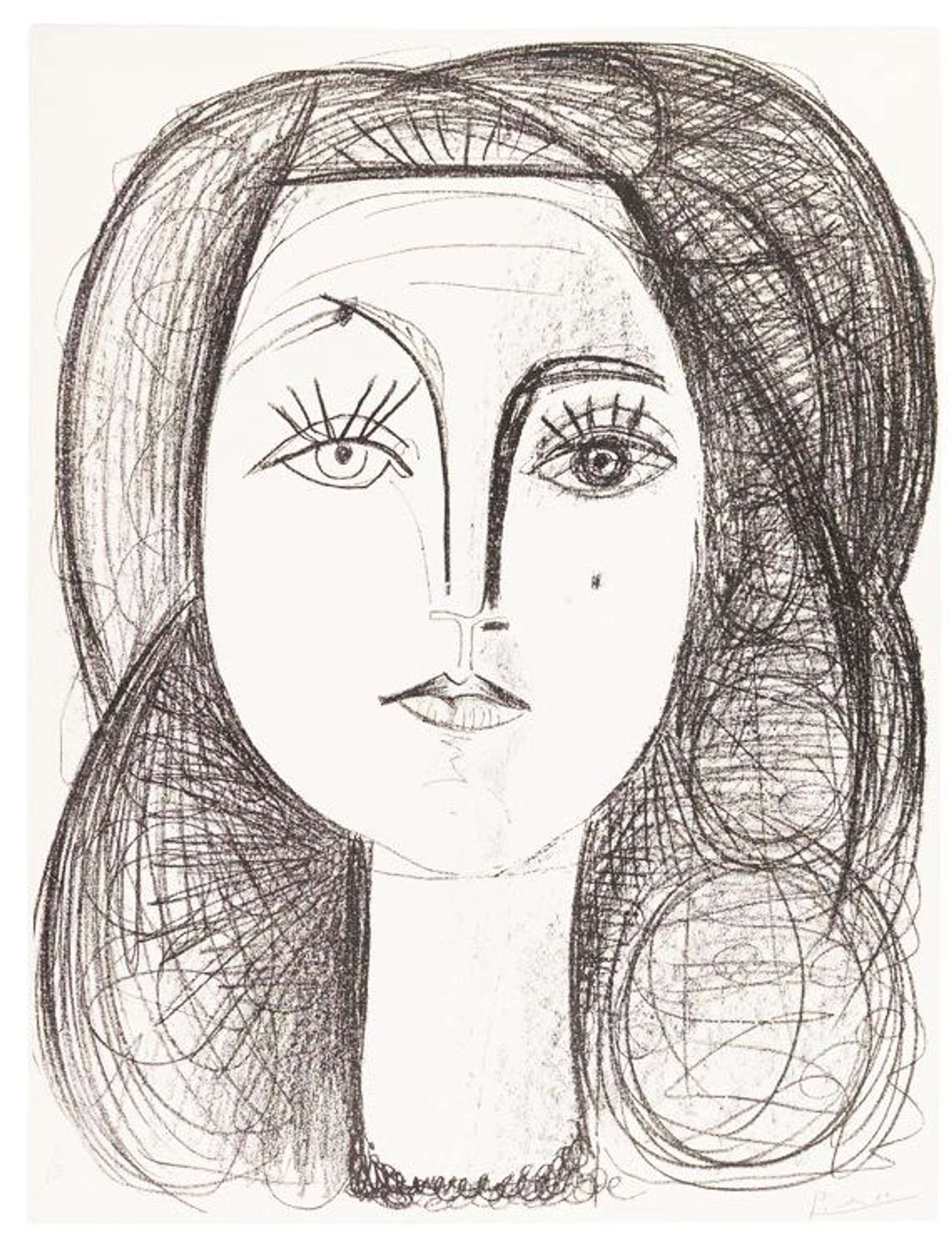 A stylised portrait of Françoise Gilot by Pablo Picasso. She is shown gazing at the viewer, depicted in a graphic style.