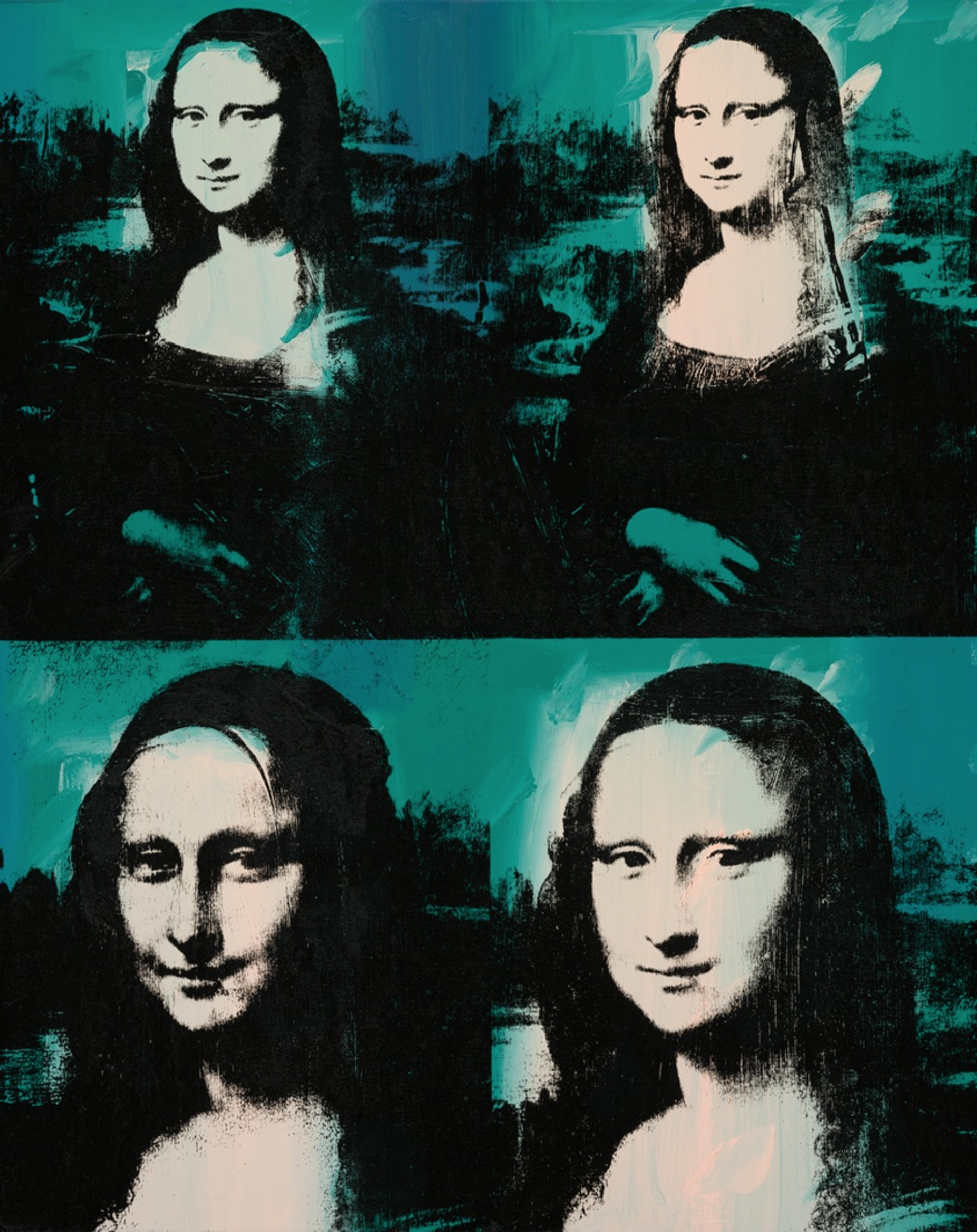 An image of the print Four Mona Lisas by Andy Warhol. Da Vinci's painting is replicated four times, with varying degrees of detail and perspectives. The figure is in black and white, surrounded by teal swathes of colour.