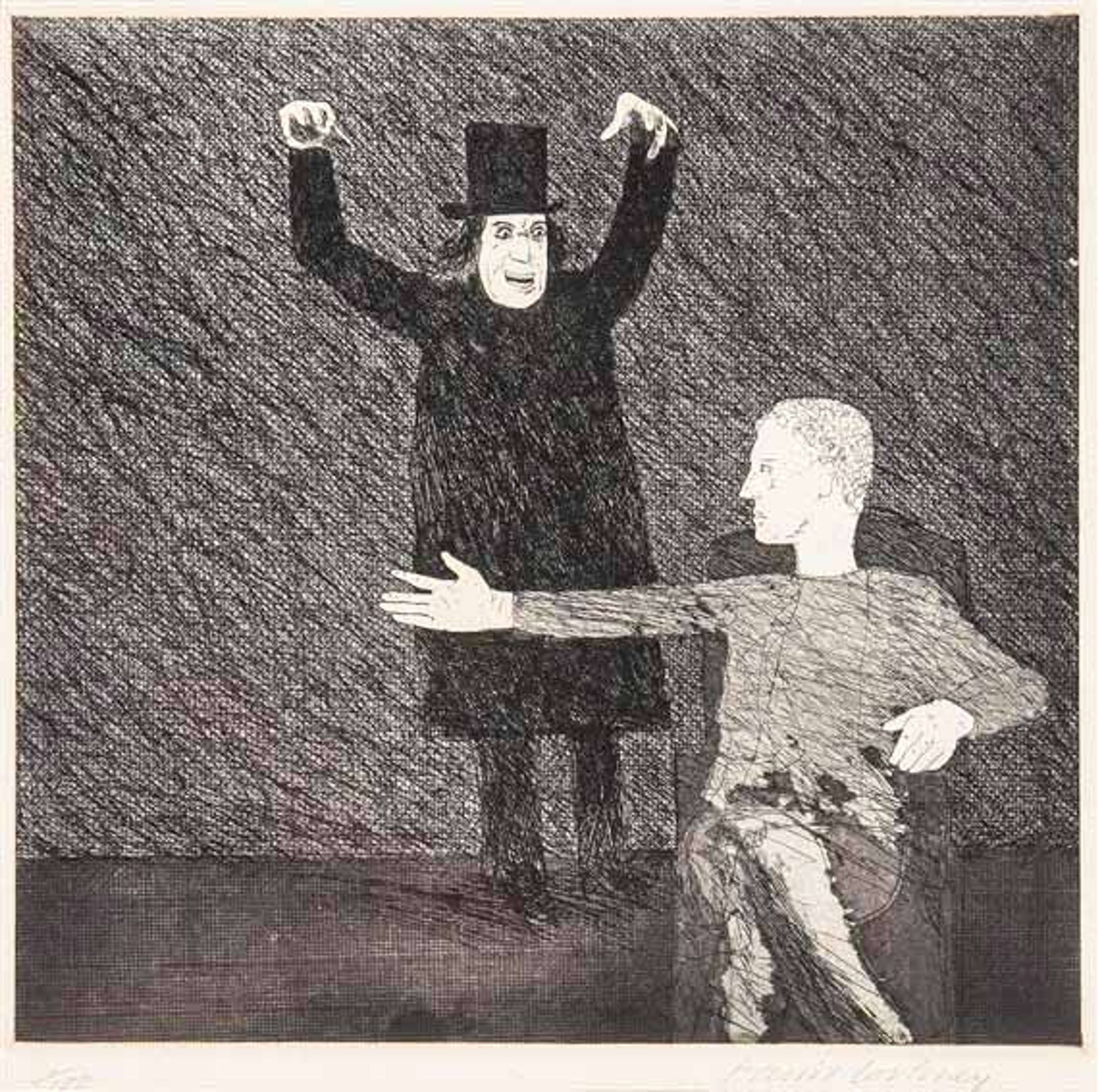 David Hockney’s Inside The Castle. An intaglio print of a man wearing a black coat and hat with his arms raised, trying to scare the man seated in front of him. 