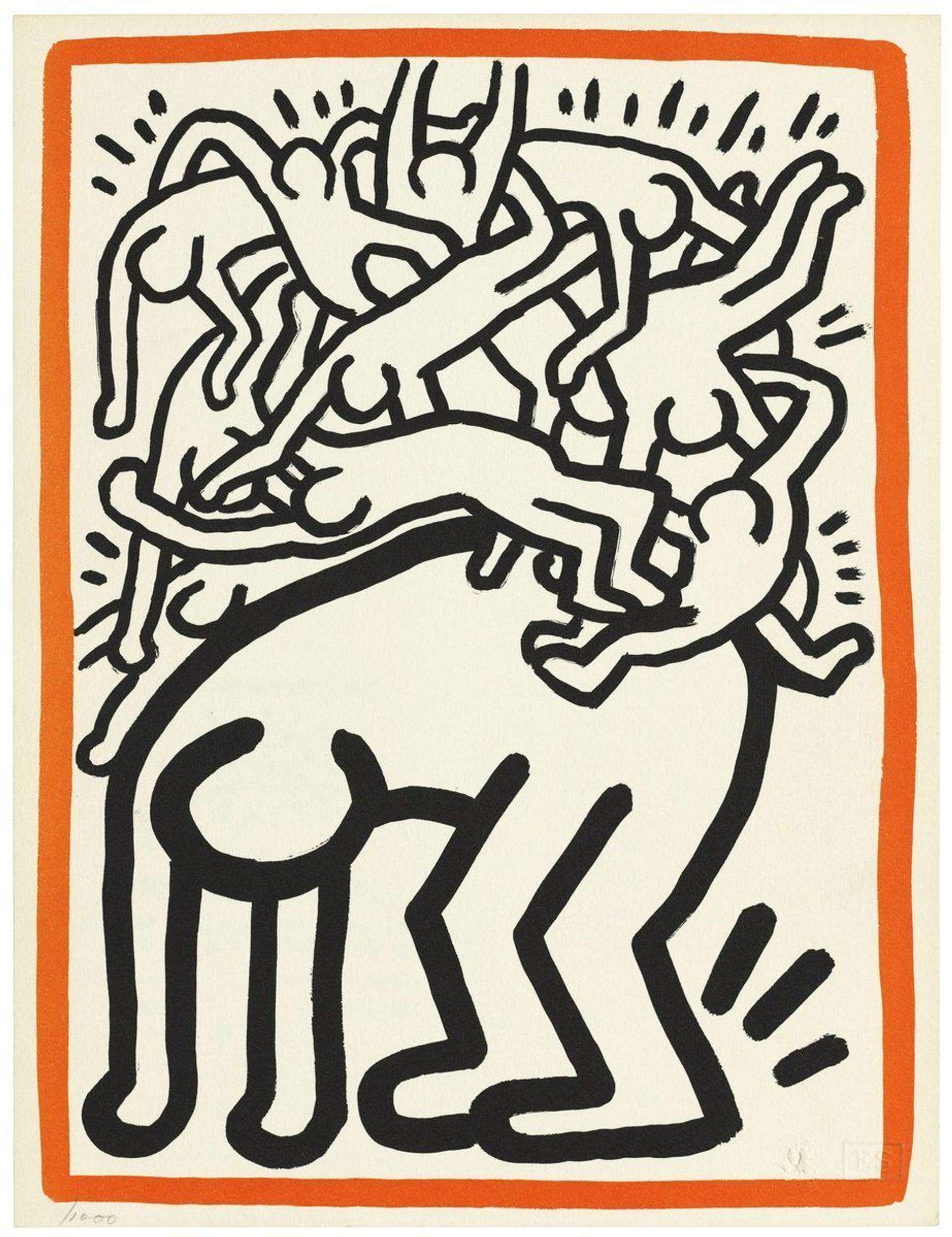 The print shows a large stick figure stooped over and crushed by a number of other figures piled on top of one another. Rendered in Haring’s typical bold outlines these figures are seemingly denigrated by AIDS and have been neglected by the outside world, dumped into this single picture frame. Haring uses lines that radiate from the bodies to inject the print with a sense of urgency and movement.