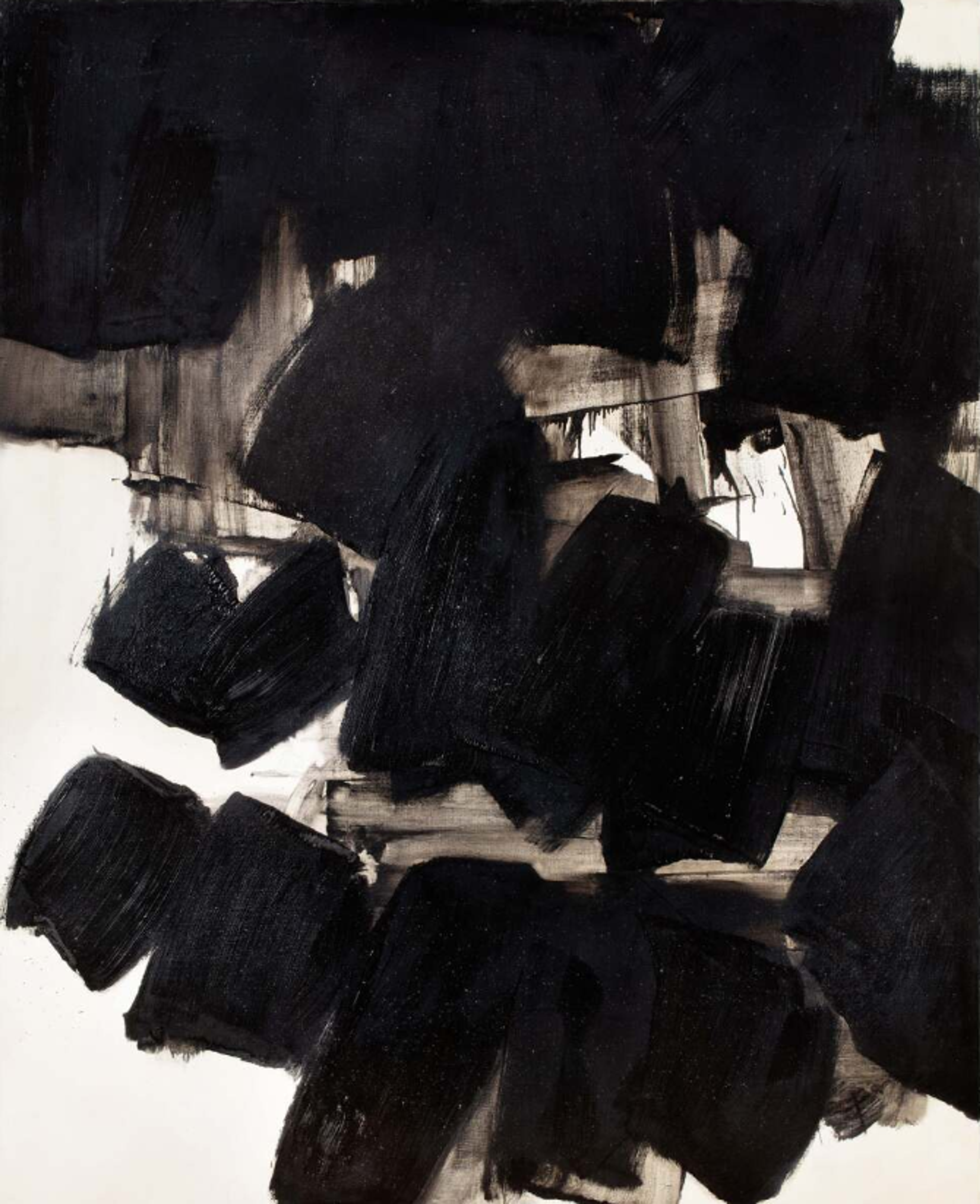 An abstract painting with short, heavy black brushstrokes spontaneously arranged against a white background, with areas of thinner paint revealed beneath the darkest strokes.