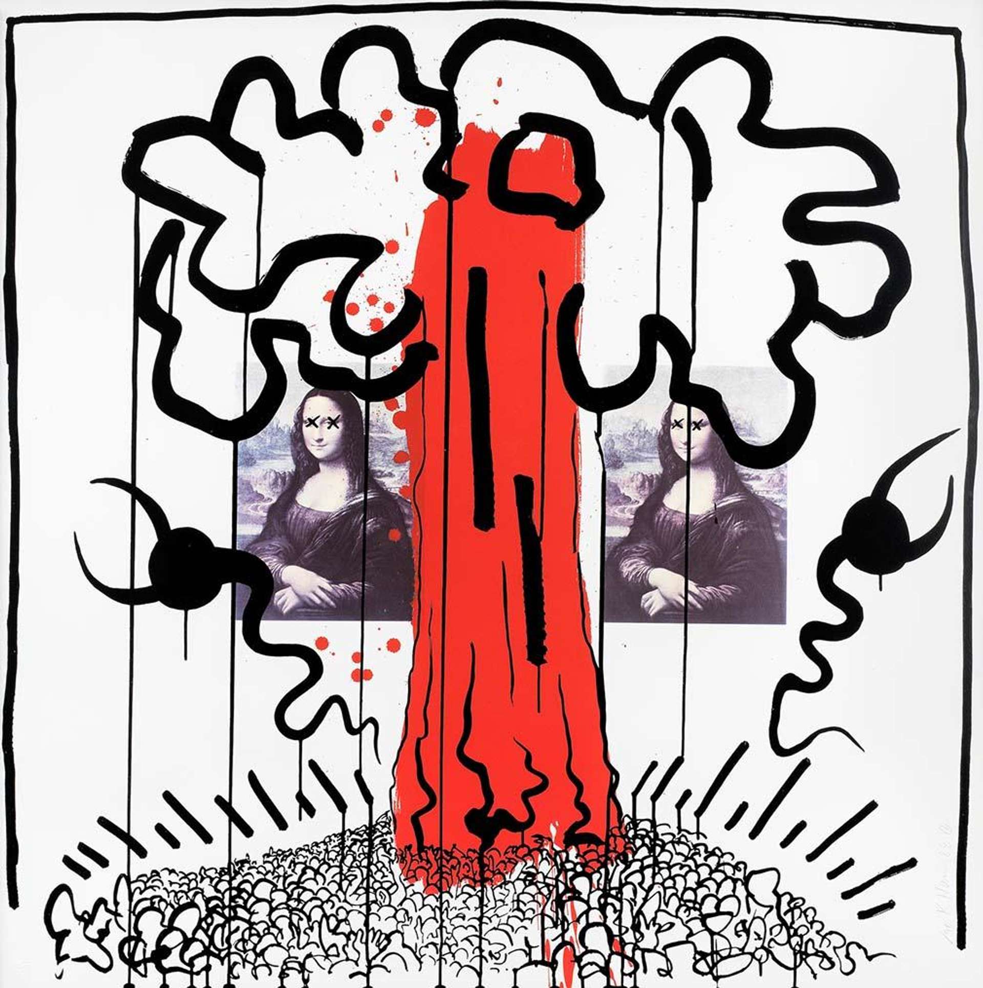 Keith Haring’s Apocalypse 1. A Pop Art screenprint collage featuring two photographs of the Mona Lisa and a red, animated phallus between them.