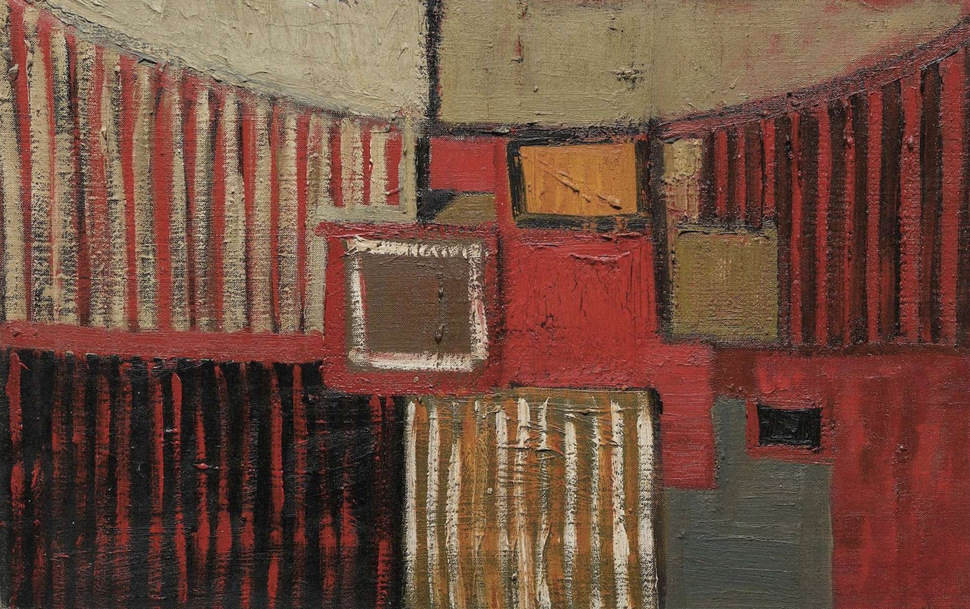 An abstracted canvas divided into uneven quarter sections, each further interrupted by various squares emanating from the center. The canvas showcases hues of red, beige, black, and grey.