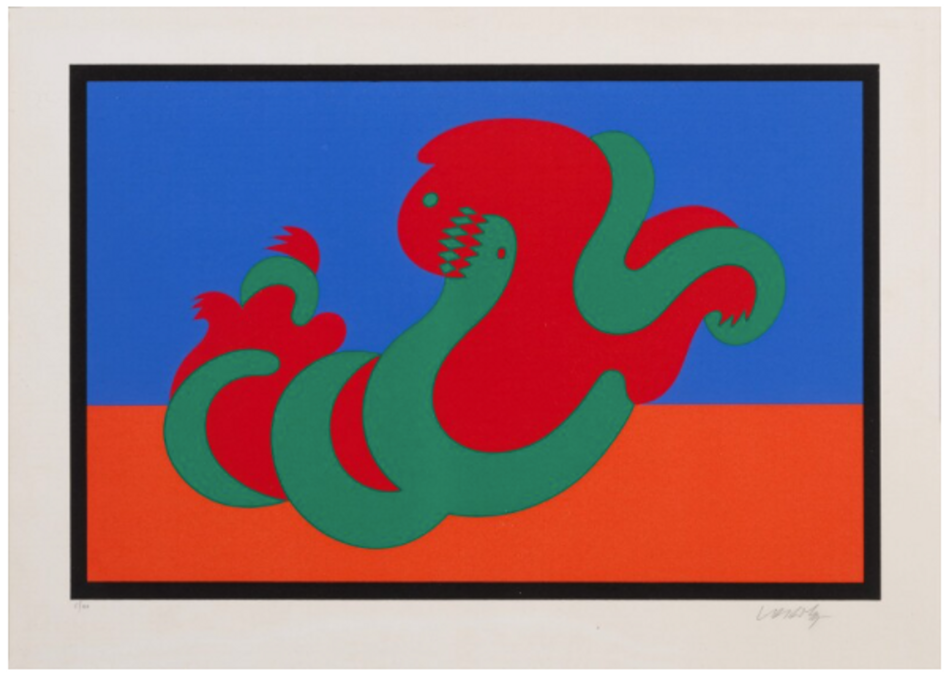 An abstracted figuratartion of a dragon composed of a vibrant red and green placed against a geometric blue and orange background with a thin black outline framing the composition. 