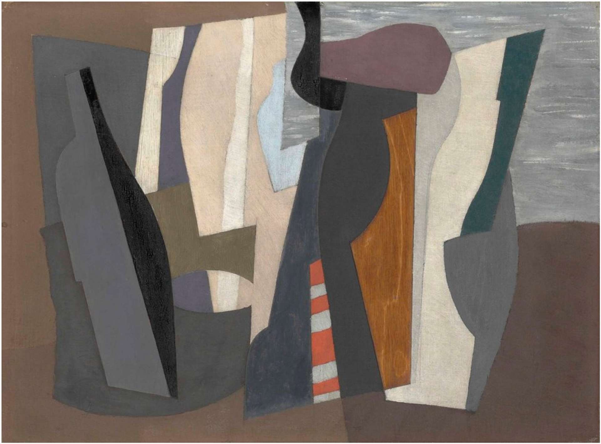 An abstract artwork with vertical, semi-curved delineations in various hues, forming a focal point in the center. The perimeter is predominantly painted brown, with a grey area on the panel left unpainted, creating the illusion of land and sea.