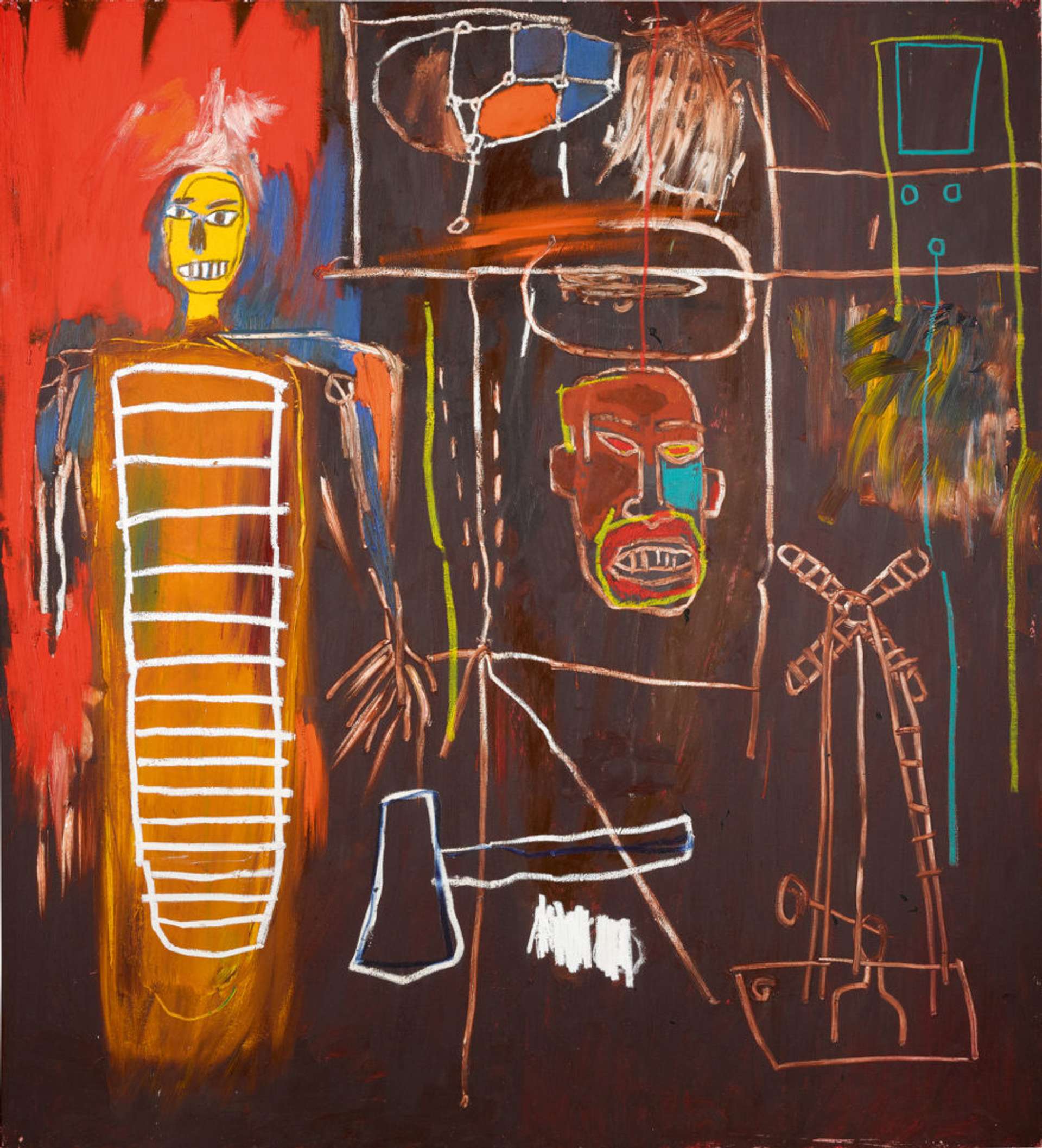 Jean-Michel Basquiat’s Air Power. A Neo-Expressionist style portrait including a mask-like head figure, an axe, and standing figure.