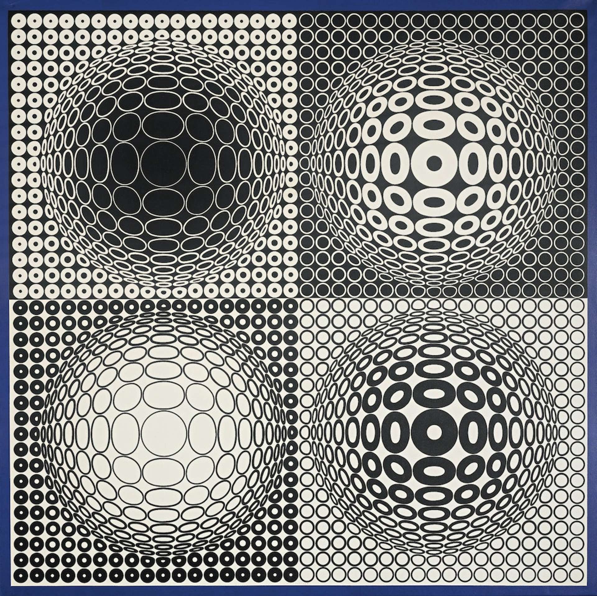 A square canvas divided into four equal sections, each adorned with repeating circles in various shades of black and white. Within each circle, smaller protruding circles enhance the optical effect of the composition.