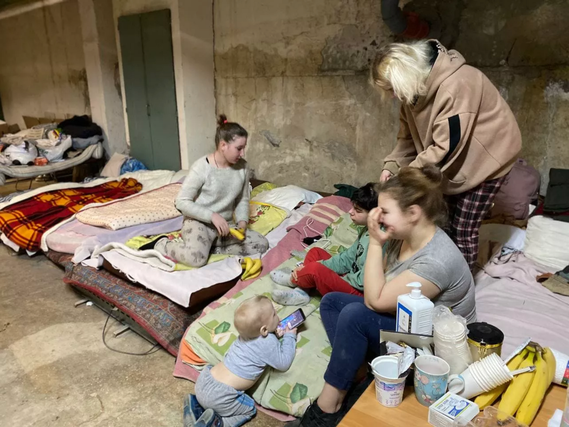 Patients on makeshift beds in Ohmatdyt hospital basement