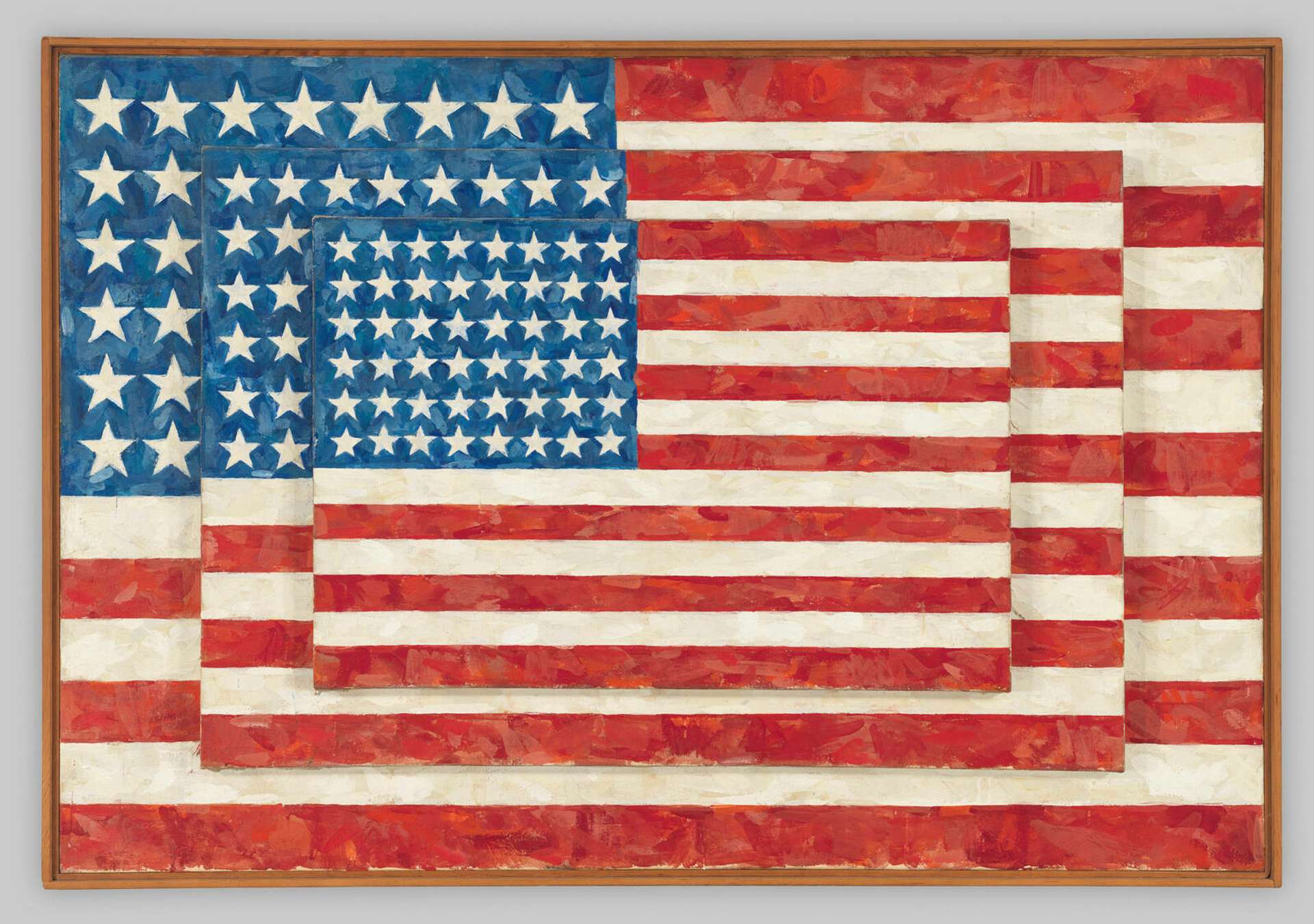 A painting of three American flags layered on top of one another.