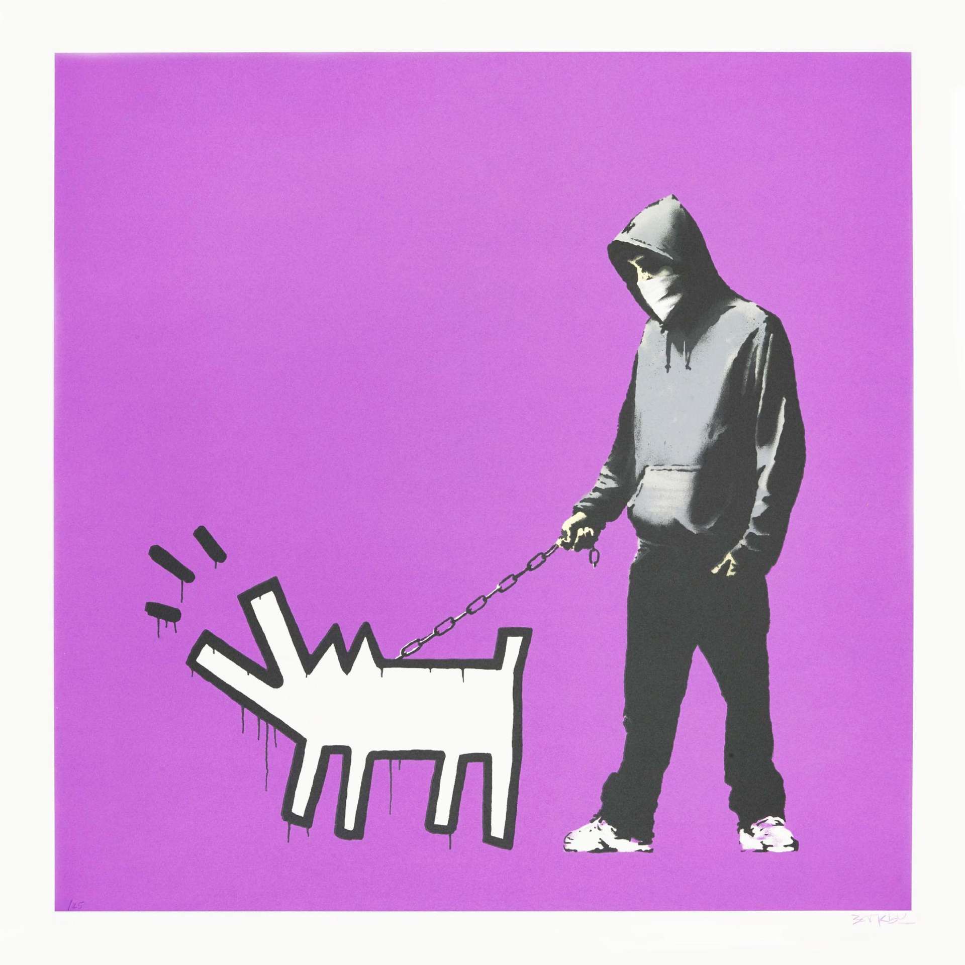 A screenprint by Banksy depicting a hooded figure holding the leash of a Keith Haring Barking Dog, set against a bright purple background.
