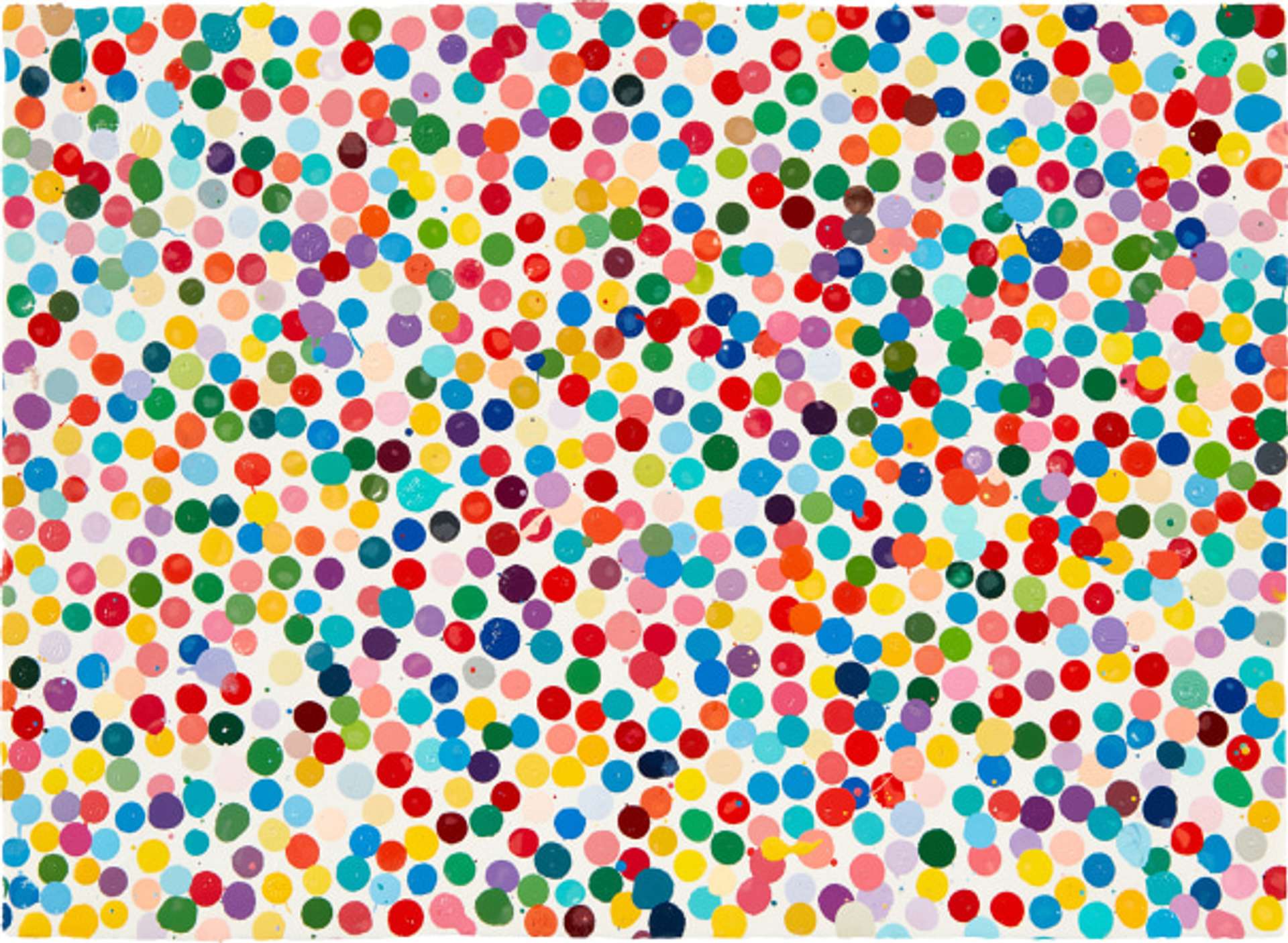 A white background covered in circular-shaped dots in a variety of variations of primary and secondary colours.