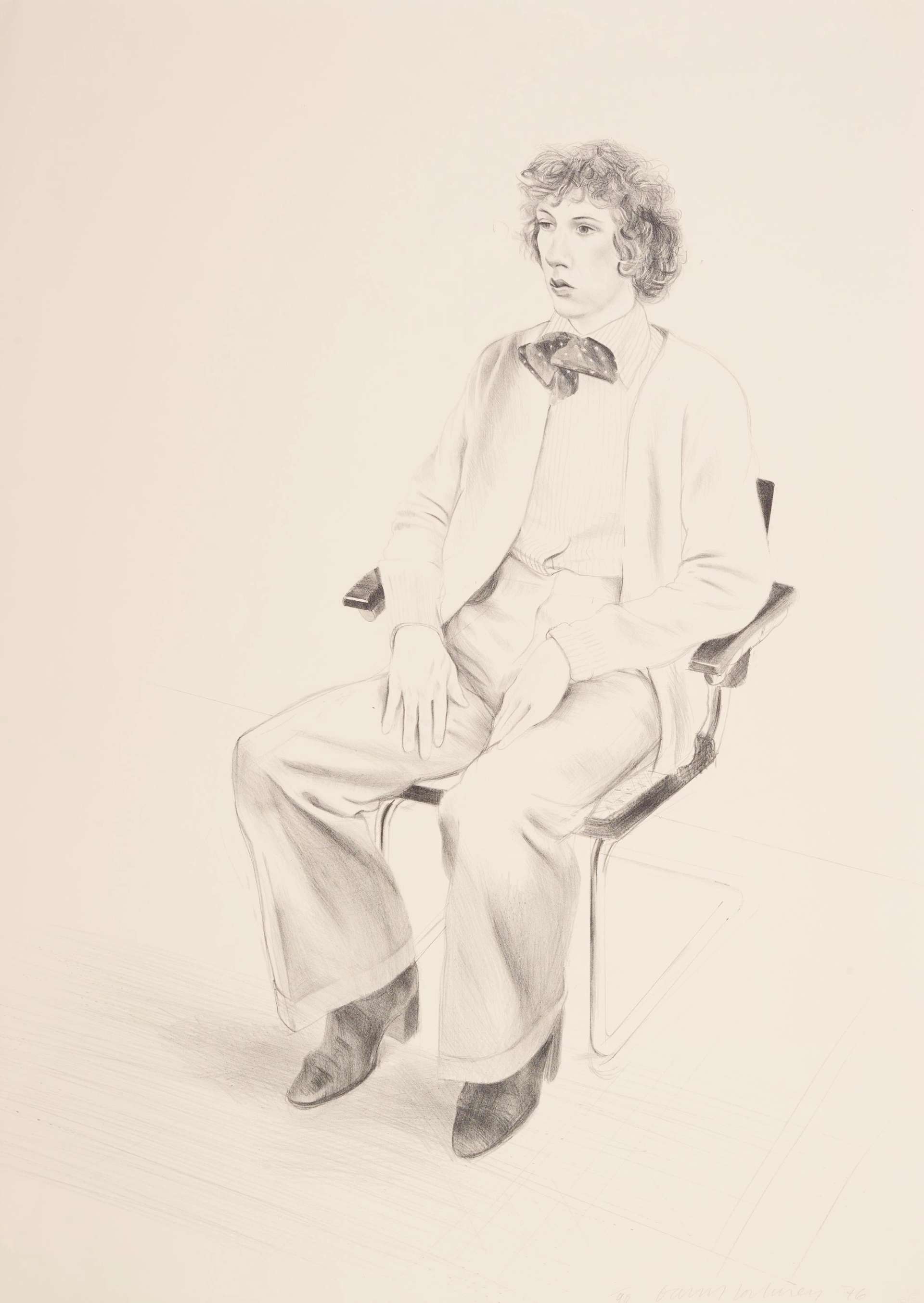 David Hockney’s Gregory Evans. A lithographic print of a man, seated, dressed in a suit and bow tie.