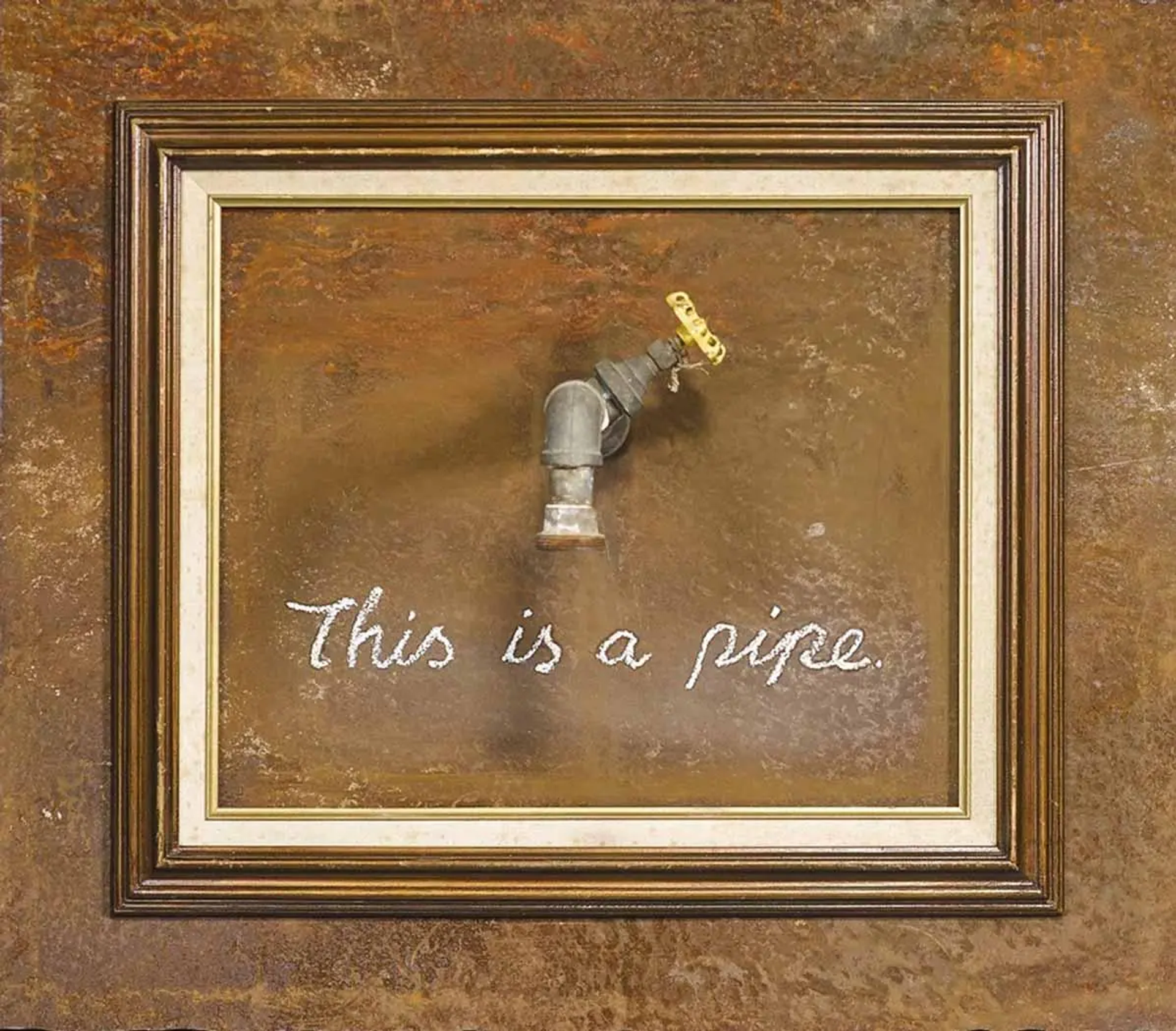 Drawing inspiration from the work of René Magritte, This Is A Pipe by Banksy presents a metal spigot framed in a gilt frame. The words ‘this is a pipe’ appear underneath the object, playfully reconfiguring The Treachery Of Images (1929).