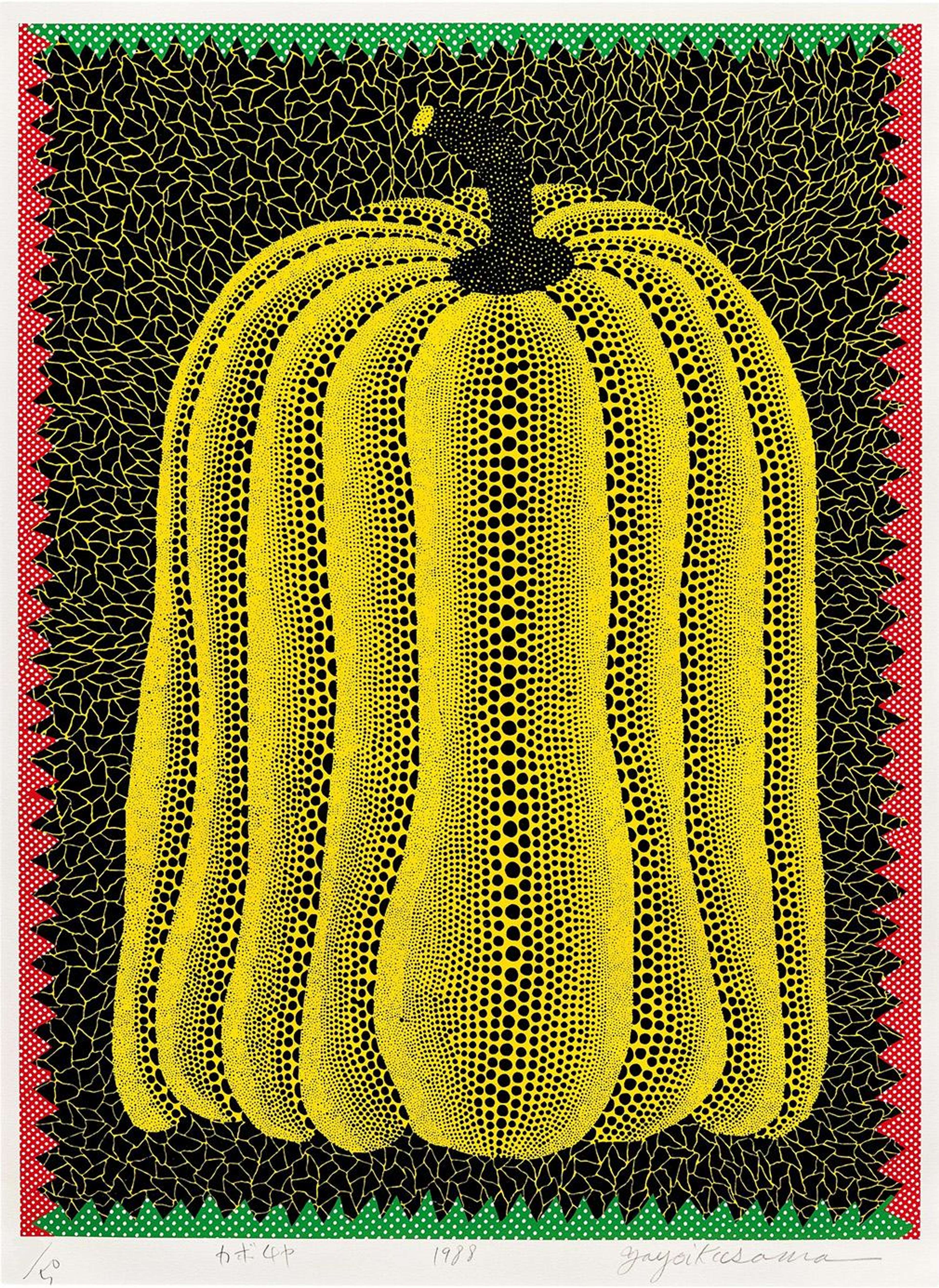 A screenprint by Yayoi Kusama depicting an elongated yellow pumpkin with black polka dots, set against a black and yellow patterned background with green and red stripes around the border