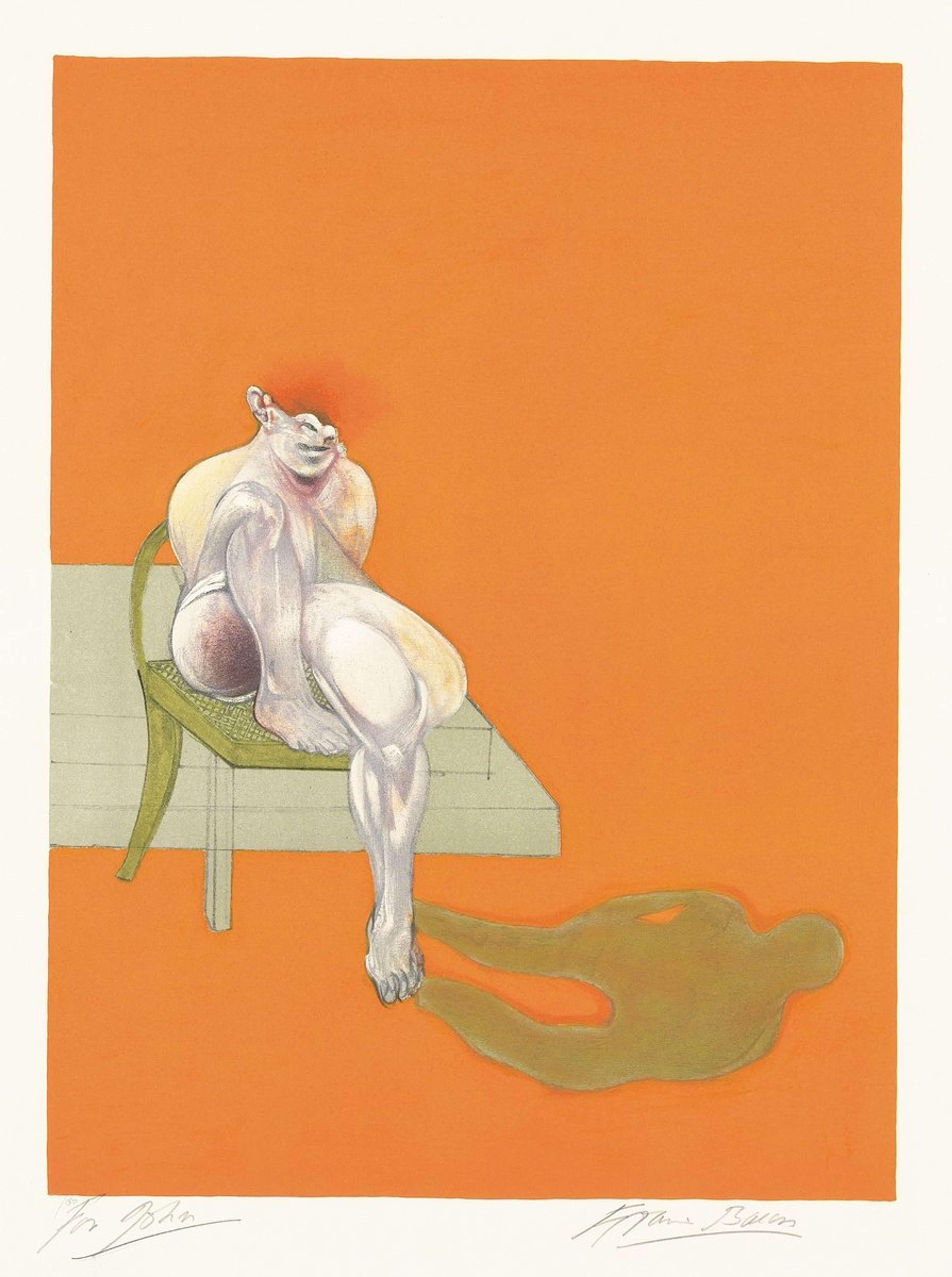 Abstract figure sits on a chair against an orange backdrop