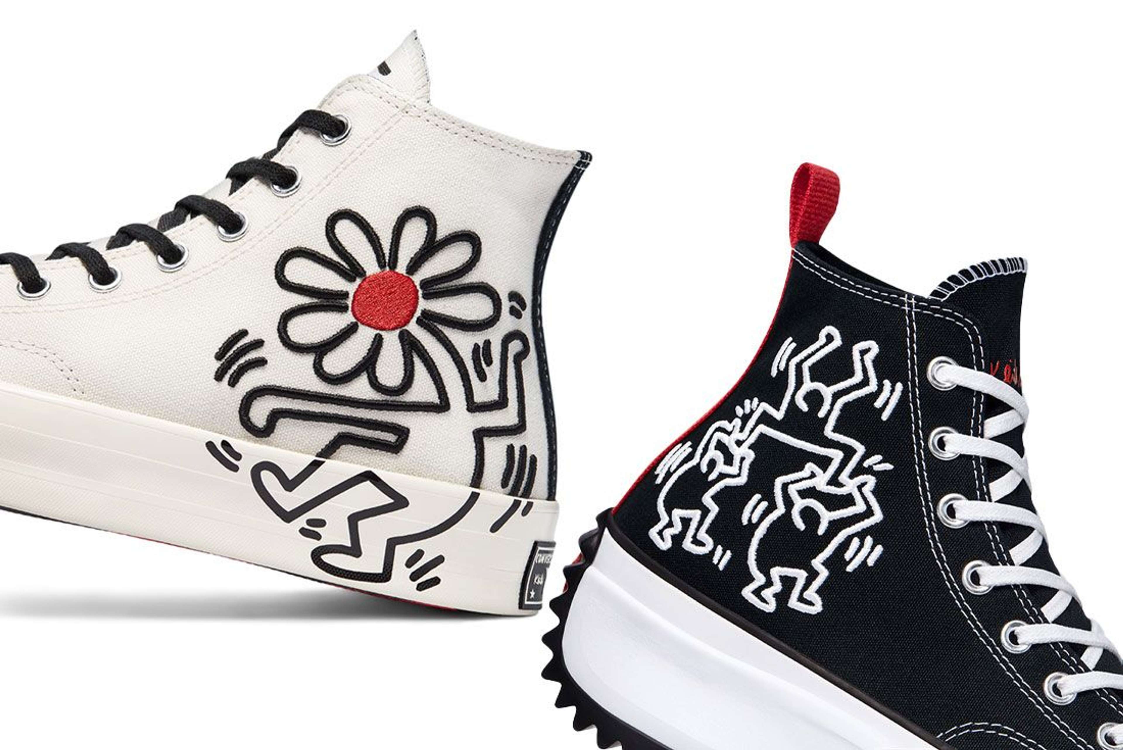 A collage of two sneakers from Converse’s collaboration with artist Keith Haring.