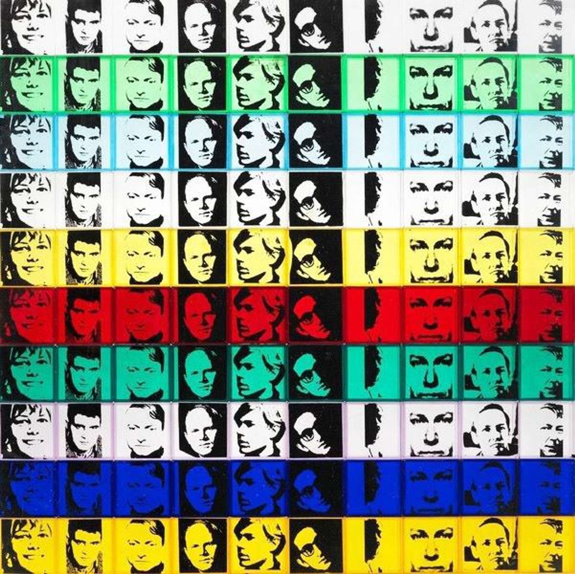 In this print Warhol depicts the portraits of himself alongside Robert Morris, Jasper Johns, Roy Lichtenstein, Larry Poons, James Rosenquist, Frank Stella, Lee Bontecou, Donald Juddand Robert Rauschenberg. In his trademark repetitive style, Warhol has multiplied the portraits of each artist by ten.
