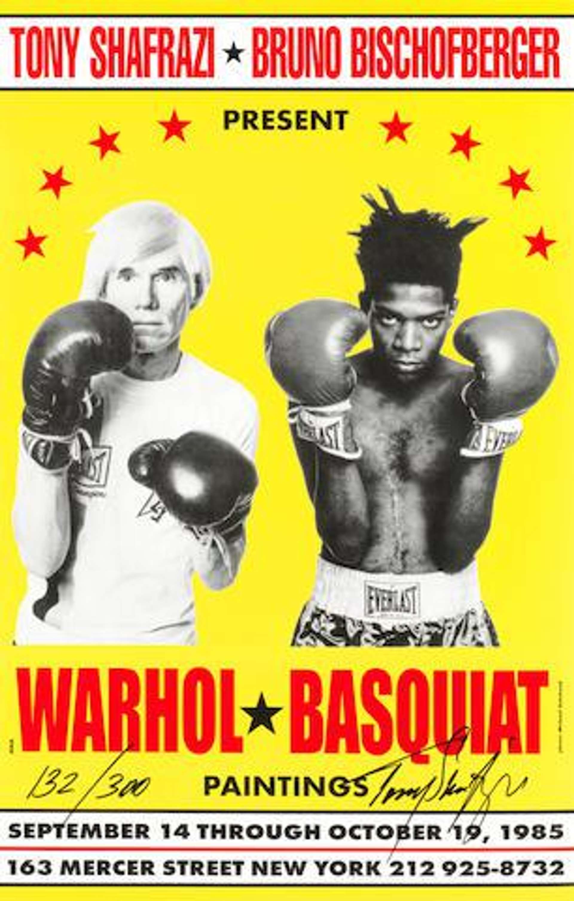 An image of the artists Andy Warhol and Jean Michel Basquiat, wearing boxing attire. They are depicted in black and white against a bright yellow background.