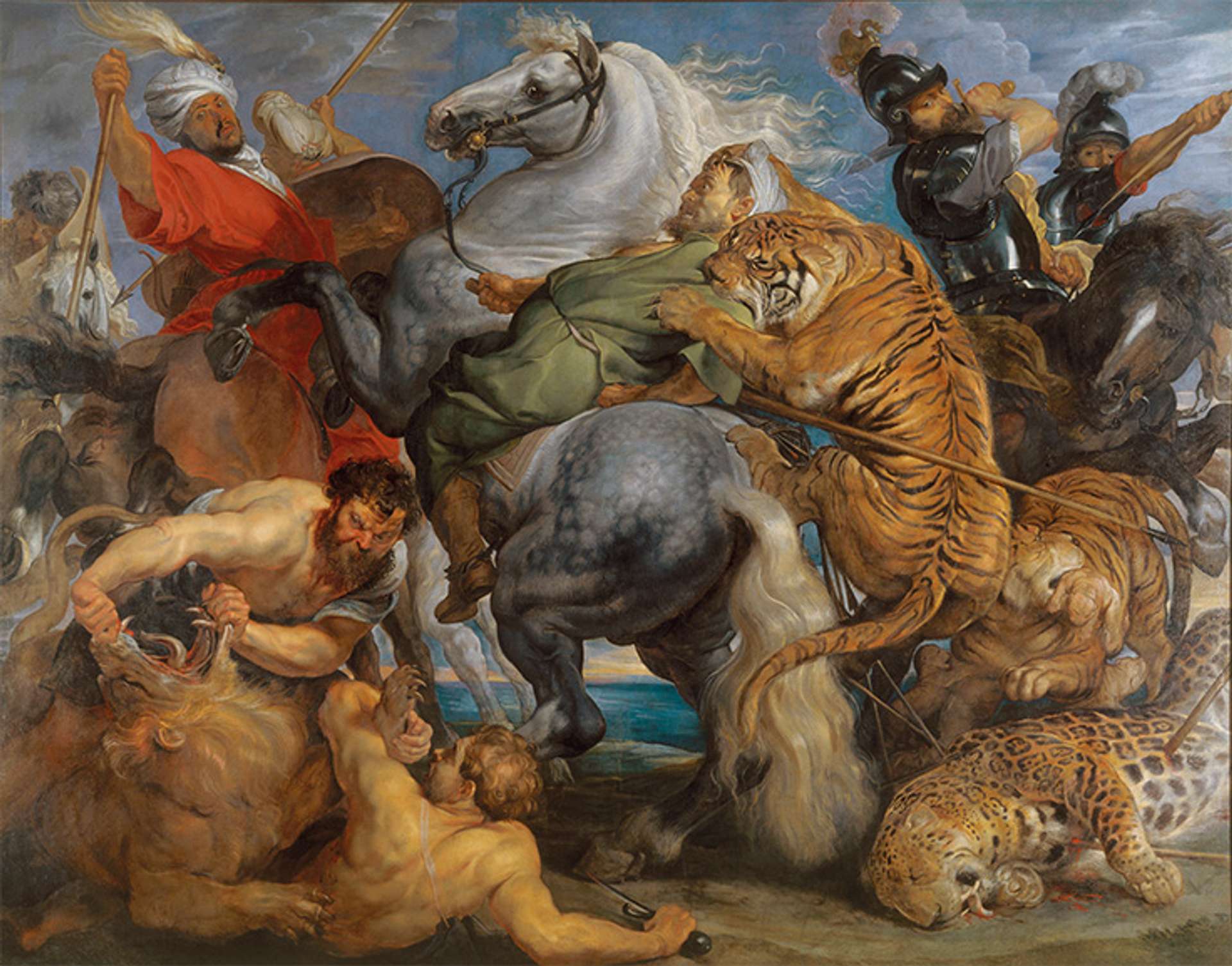 A painting depicting a dramatic battle scene between humans and animals. In the lower right, a man fiercely struggles with a lion as it tears open its jaw. Meanwhile, in the center of the canvas, a tiger attacks a man, causing him to fall from a white horse. In the lower left, a lifeless cheetah lies on the ground. In the background, additional men on horses engage in combat with other animals.