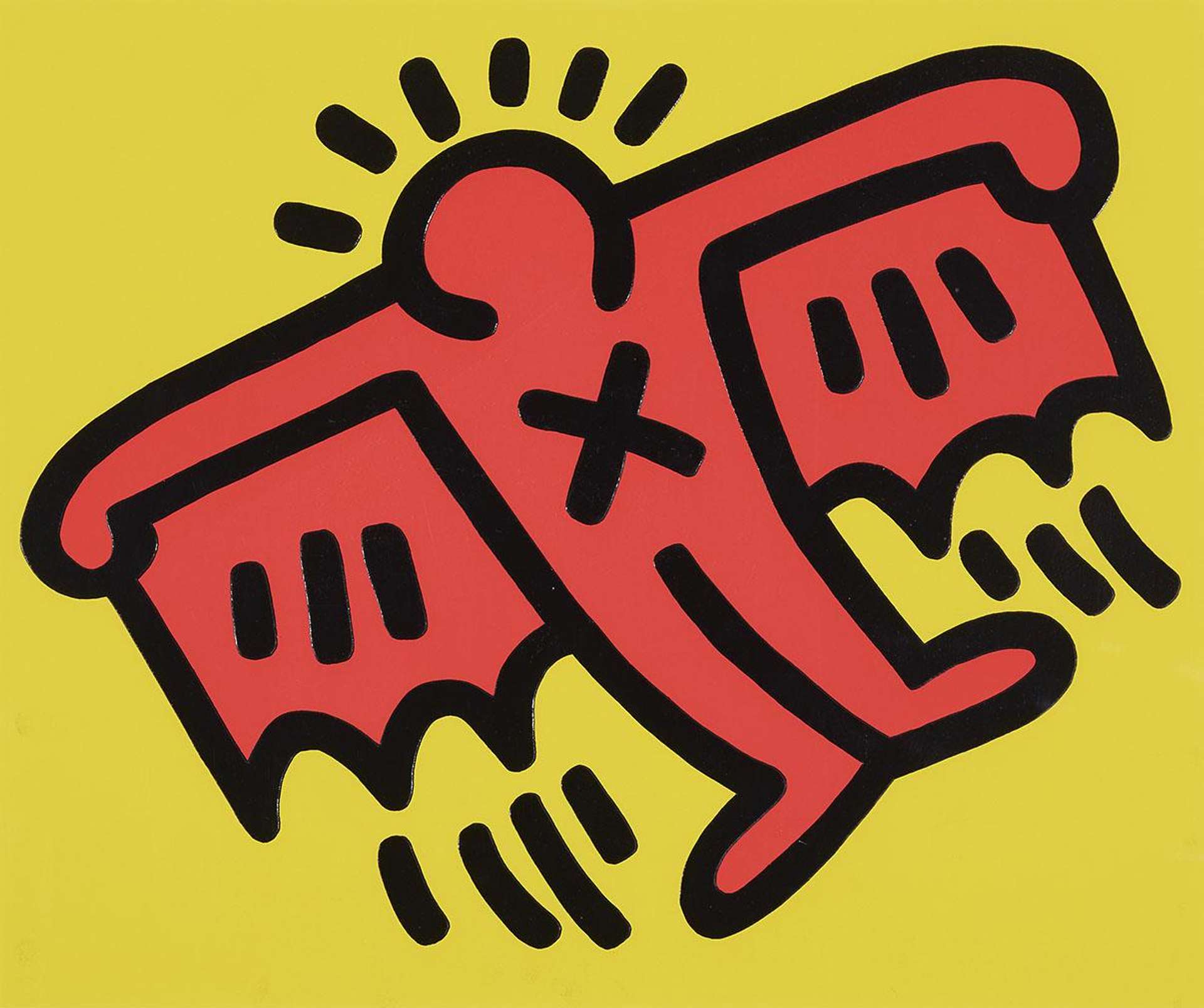 A screenprint by Keith Haring depicting a red cartoon man figure with wings and an ‘X’ across its chest, set against a bright yellow background.