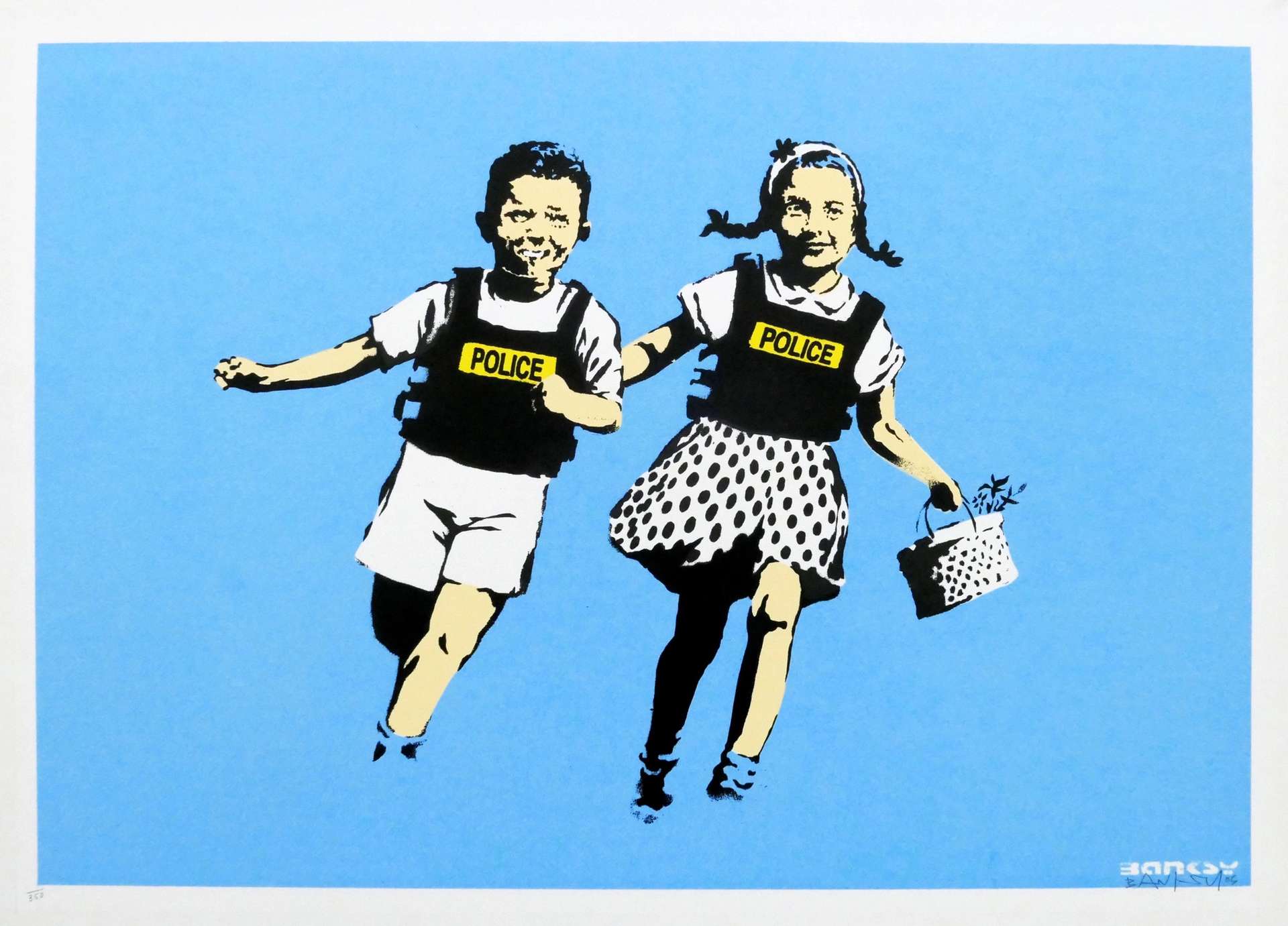 An image of the print Jack & Jill by the artist Banksy. The artwork depicts two children, depicted in a spray-painted style, running together while wearing police vests. The children are monochrome against a bright blue background.