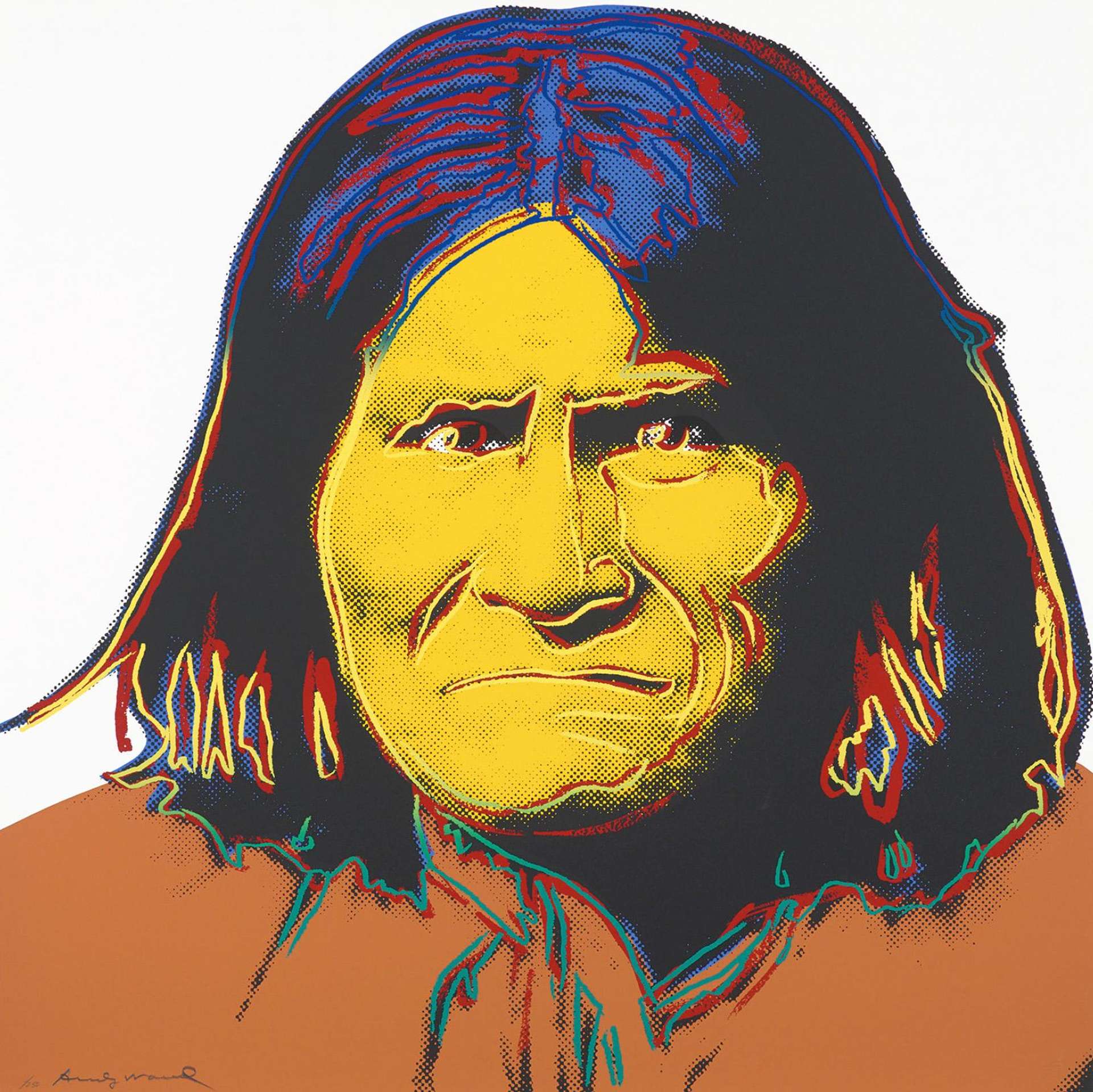 A screenprint by Andy Warhol depicting Geronimo's portrait in bright yellow against a white background.